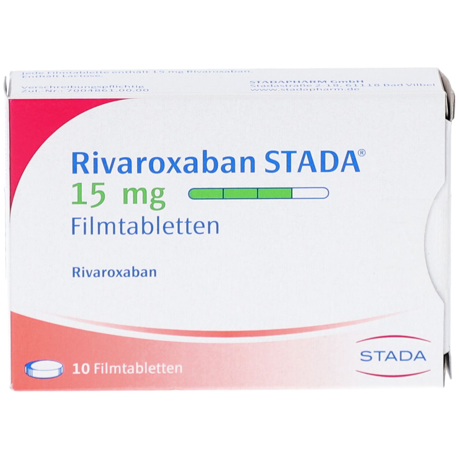 Schachtel mit Rivaroxaban STADA 15 mg Filmtabletten. Aufdruck: 10 Filmtabletten. STADA Logo.