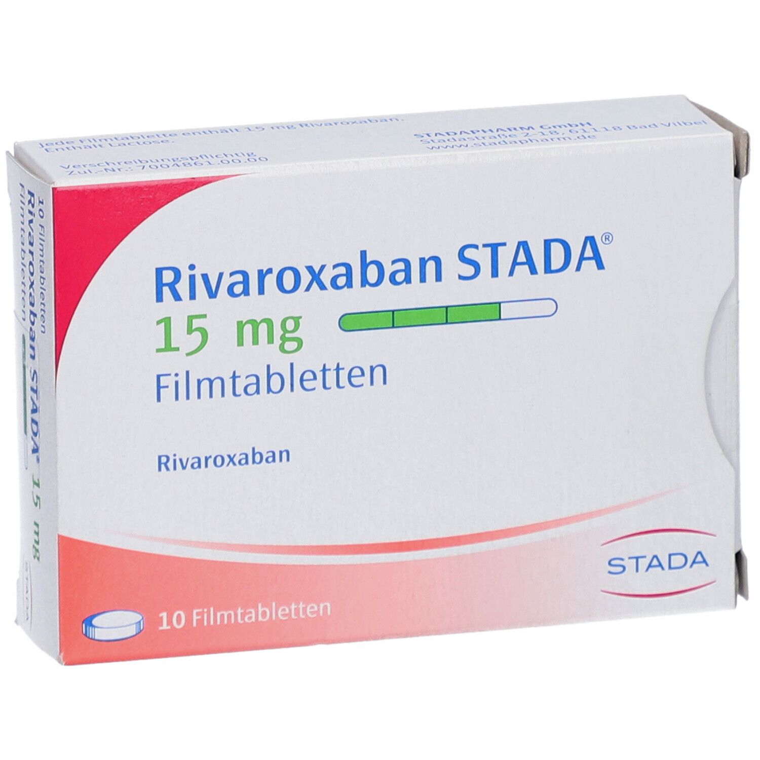 Schachtel mit Rivaroxaban STADA 15 mg Filmtabletten. Aufdruck: 10 Filmtabletten. STADA Logo.