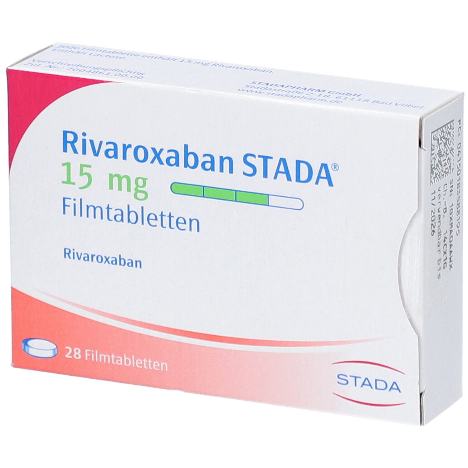 Schachtel RIVAROXABAN STADA 15 mg Filmtabletten. Enthält 28 Tabletten. STADA-Logo.