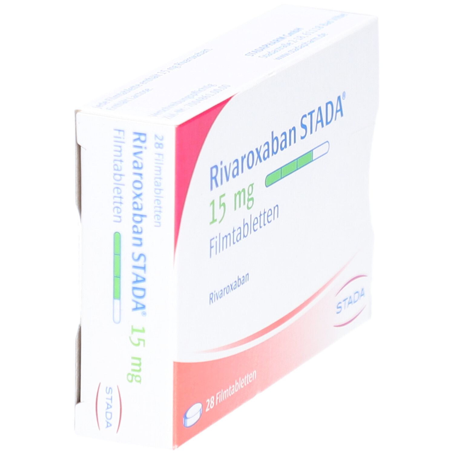 Schachtel RIVAROXABAN STADA 15 mg Filmtabletten. Seitenansicht. STADA-Logo.