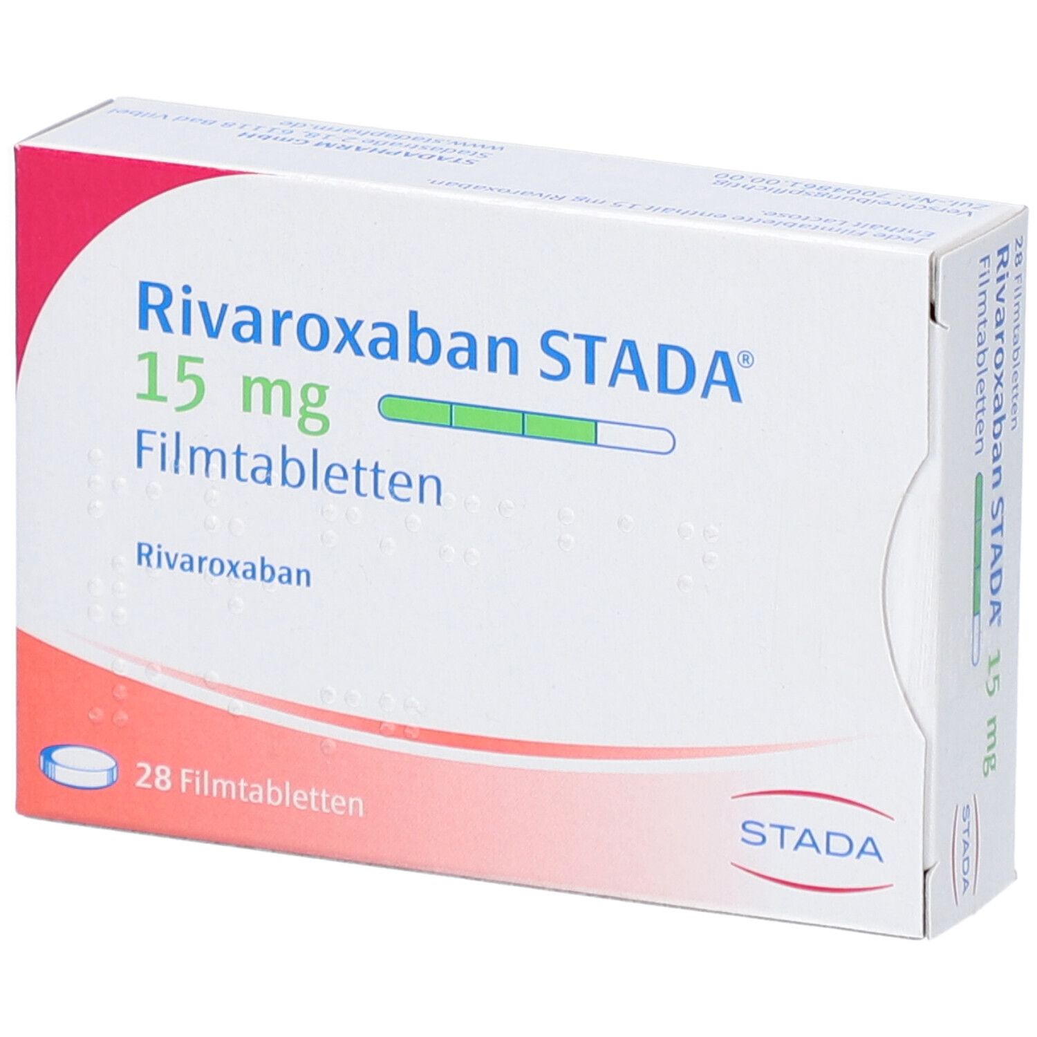 Schachtel RIVAROXABAN STADA 15 mg Filmtabletten. Enthält 28 Tabletten. STADA-Logo.