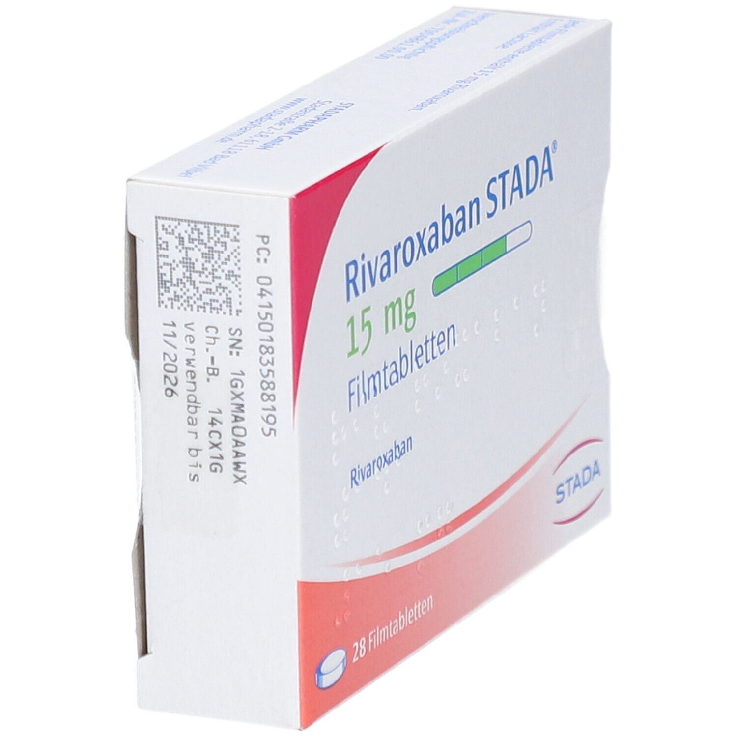 Schachtel RIVAROXABAN STADA 15 mg Filmtabletten. Seitenansicht mit Chargennummer. STADA-Logo.