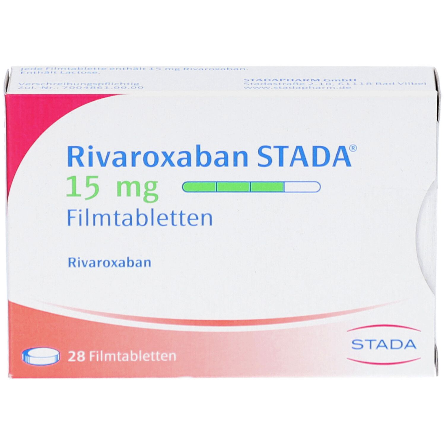 Schachtel RIVAROXABAN STADA 15 mg Filmtabletten. Enthält 28 Tabletten. STADA-Logo.