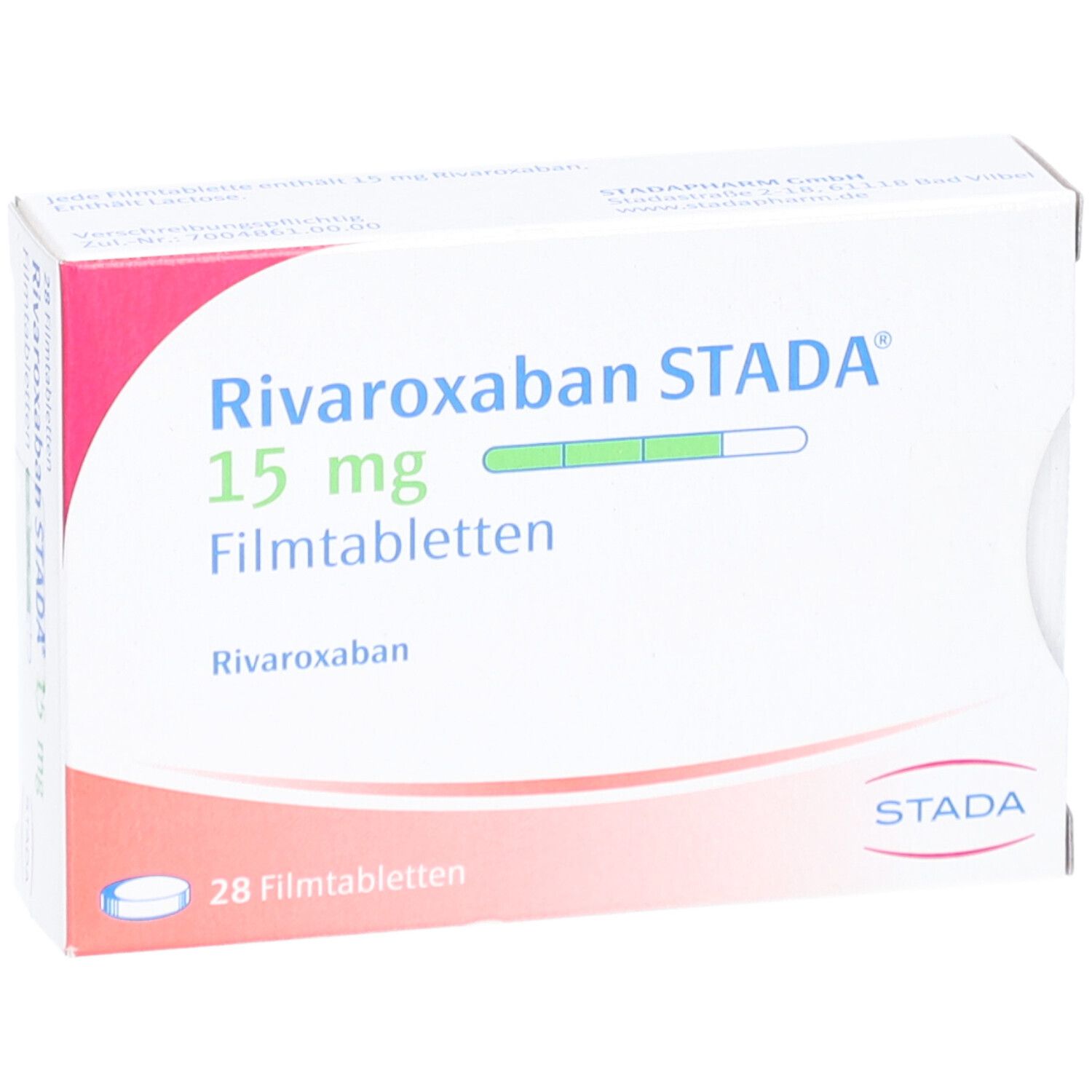 Schachtel RIVAROXABAN STADA 15 mg Filmtabletten. STADA-Logo.