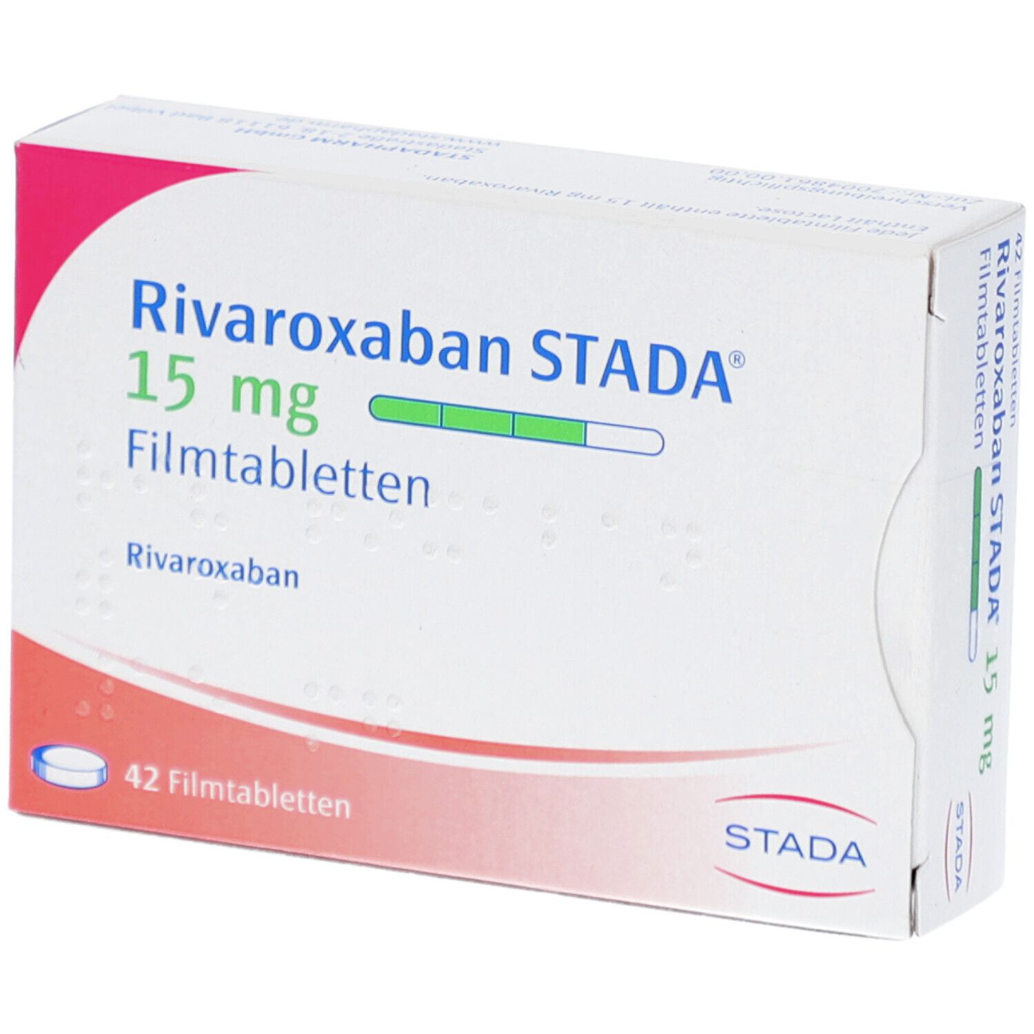 Schachtel mit RIVAROXABAN STADA 15 mg Filmtabletten. Aufschrift: 42 Filmtabletten. STADA Logo.