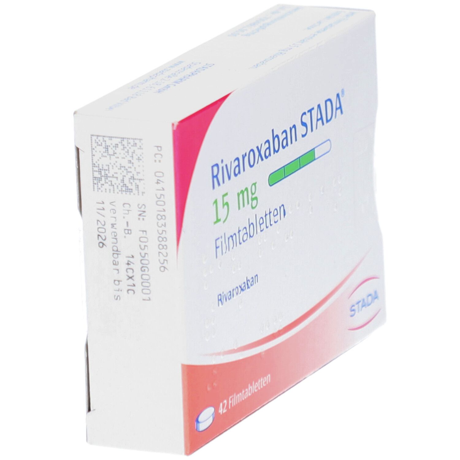 Schachtel RIVAROXABAN STADA 15 mg Filmtabletten. Seitenansicht. Aufdruck mit Chargennummer und Verfallsdatum.