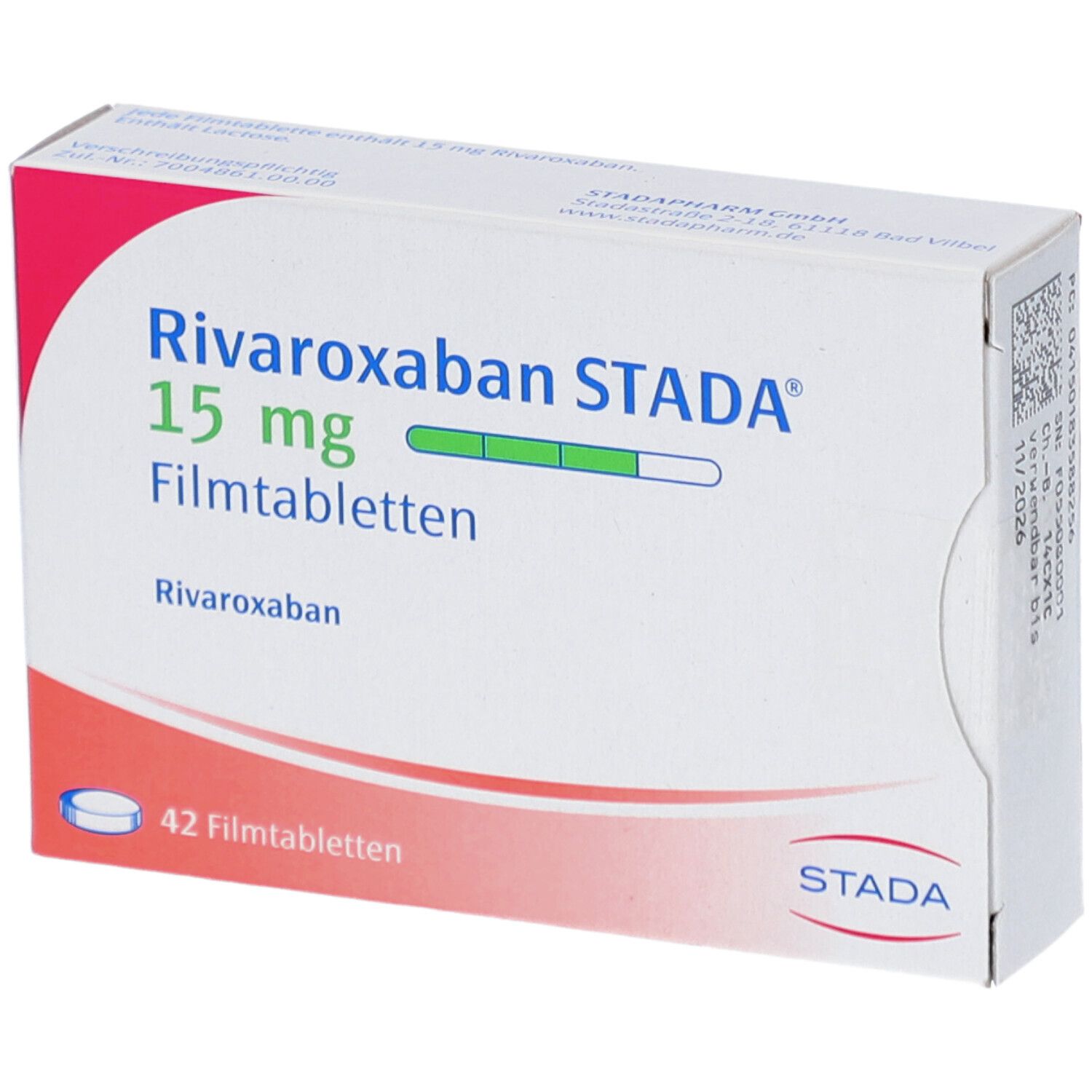 Schachtel RIVAROXABAN STADA 15 mg Filmtabletten. Aufschrift: 42 Filmtabletten. STADA Logo. Rückseite mit Chargennummer.
