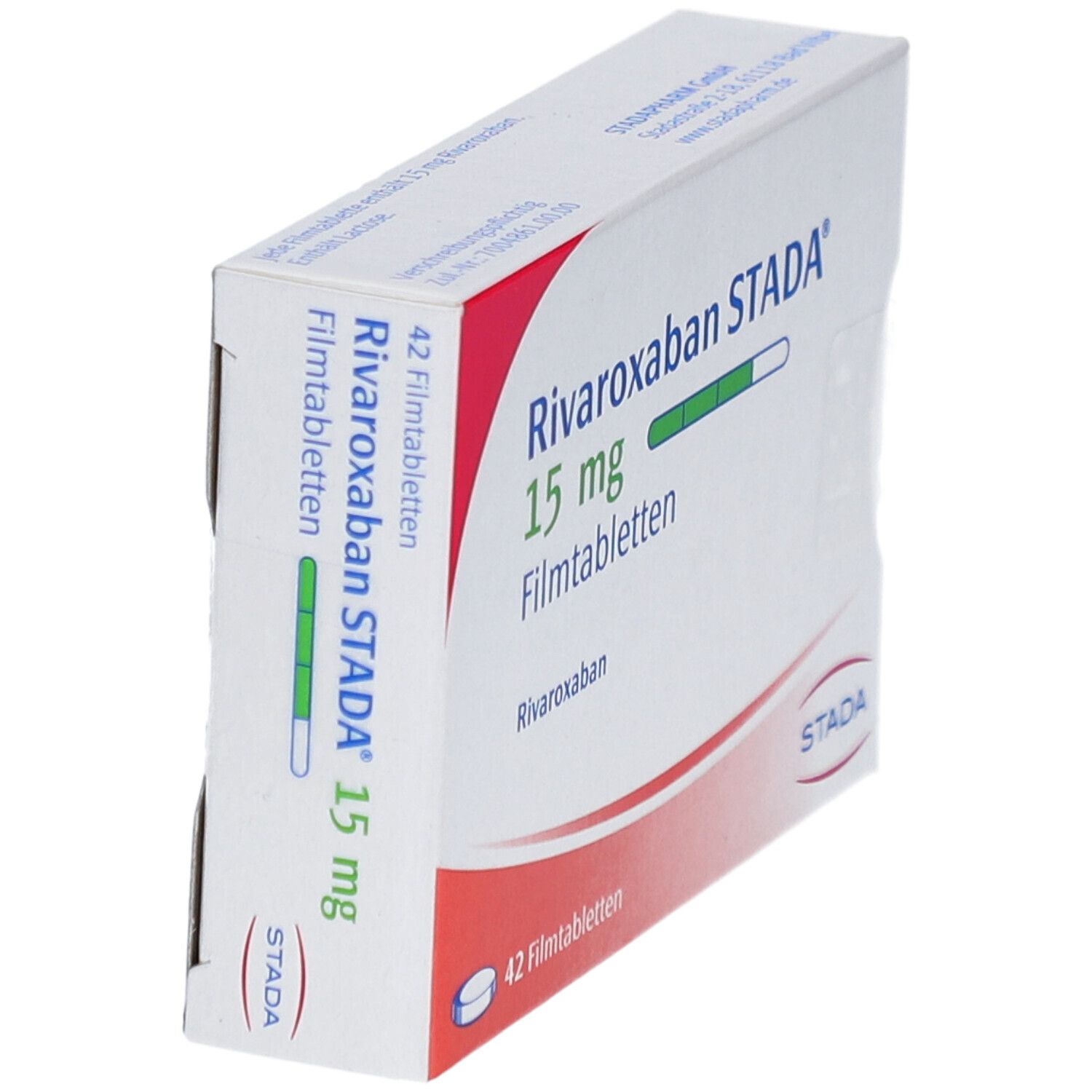 Schachtel RIVAROXABAN STADA 15 mg Filmtabletten. Seitenansicht. Aufschrift: 42 Filmtabletten. STADA Logo.