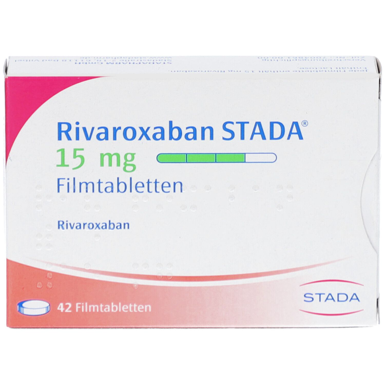 Schachtel RIVAROXABAN STADA 15 mg Filmtabletten. Aufschrift: 42 Filmtabletten. STADA Logo.