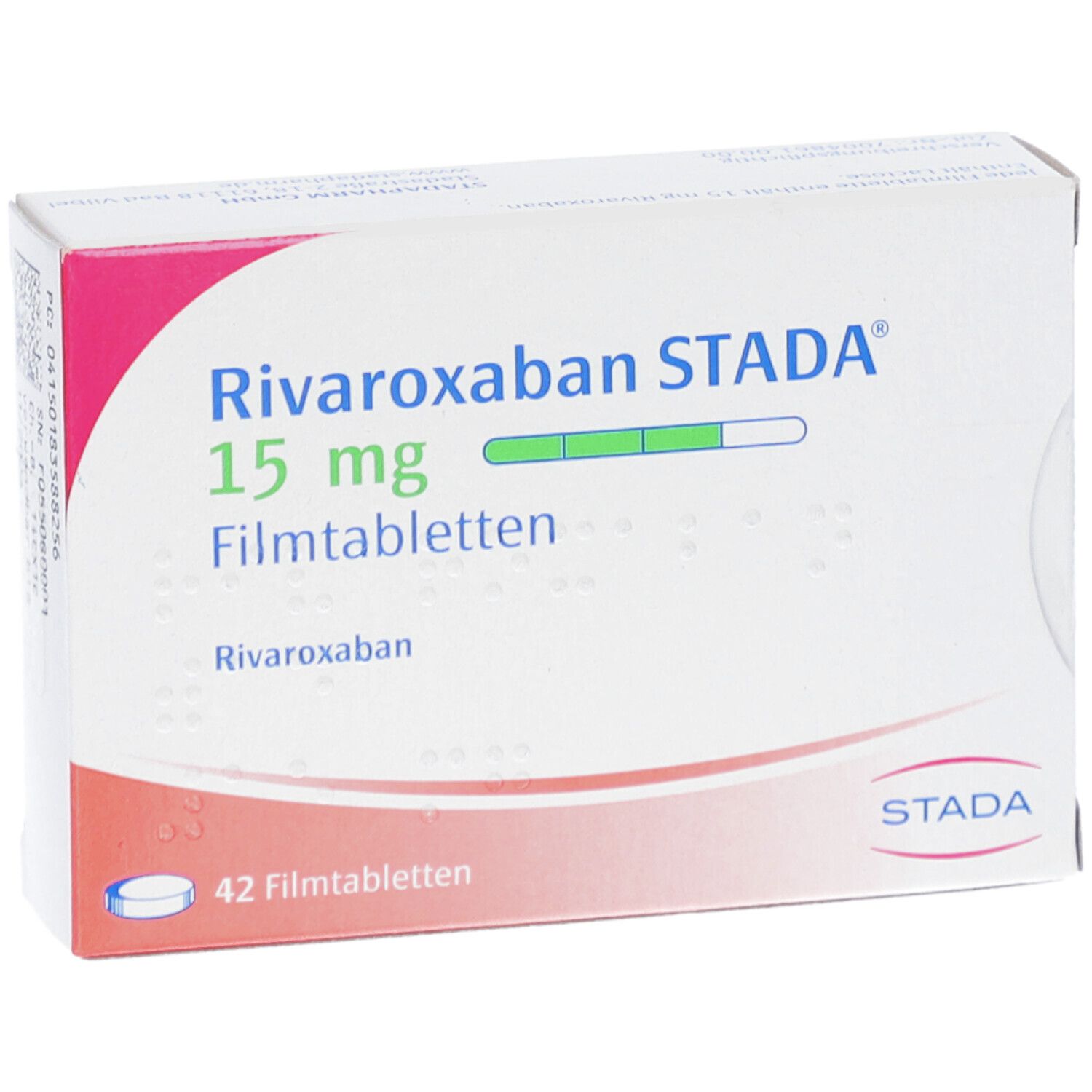 Schachtel RIVAROXABAN STADA 15 mg Filmtabletten. Aufschrift: 42 Filmtabletten. STADA Logo.