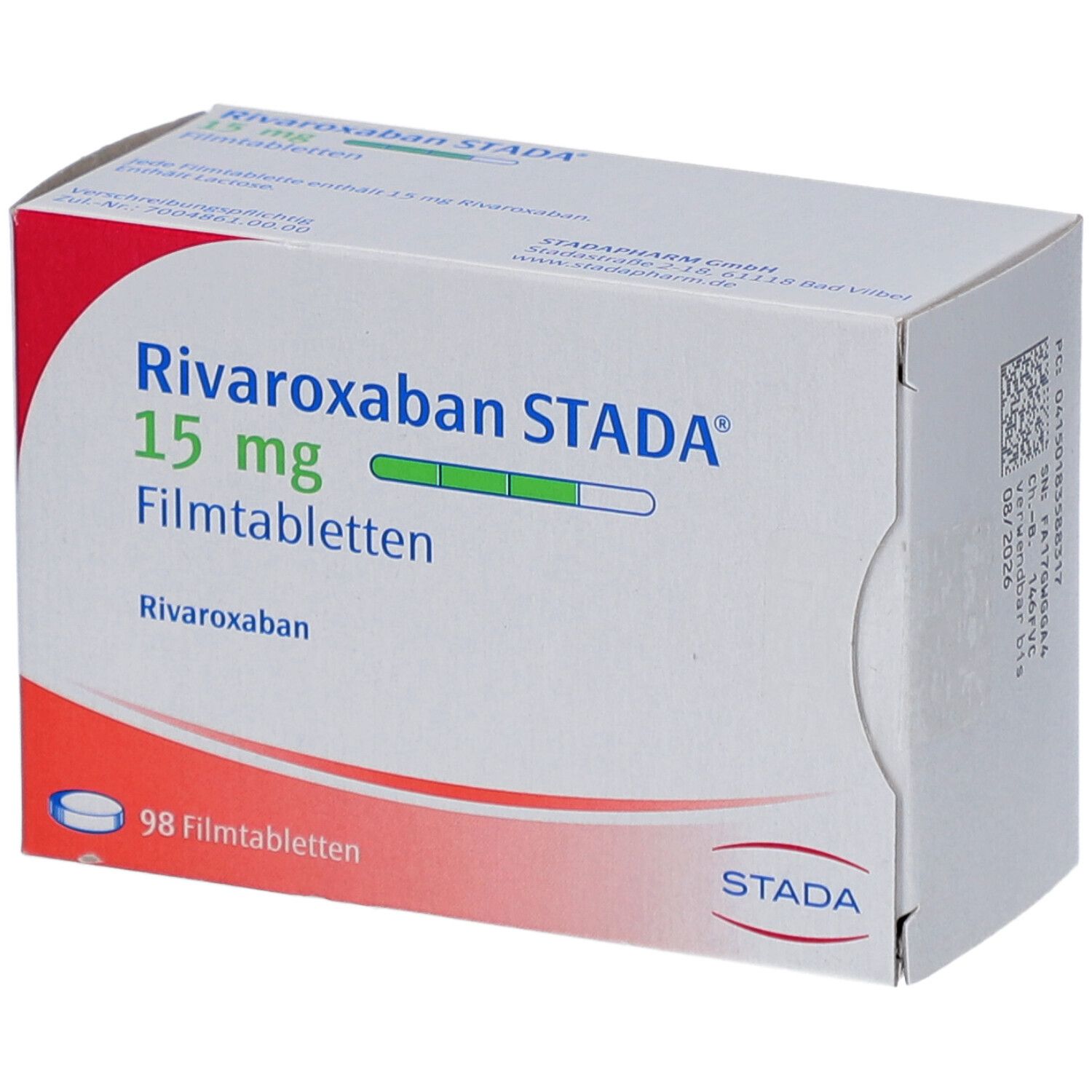 Schachtel mit RIVAROXABAN STADA 15 mg Filmtabletten. Aufschrift: 98 Filmtabletten. STADA Logo.