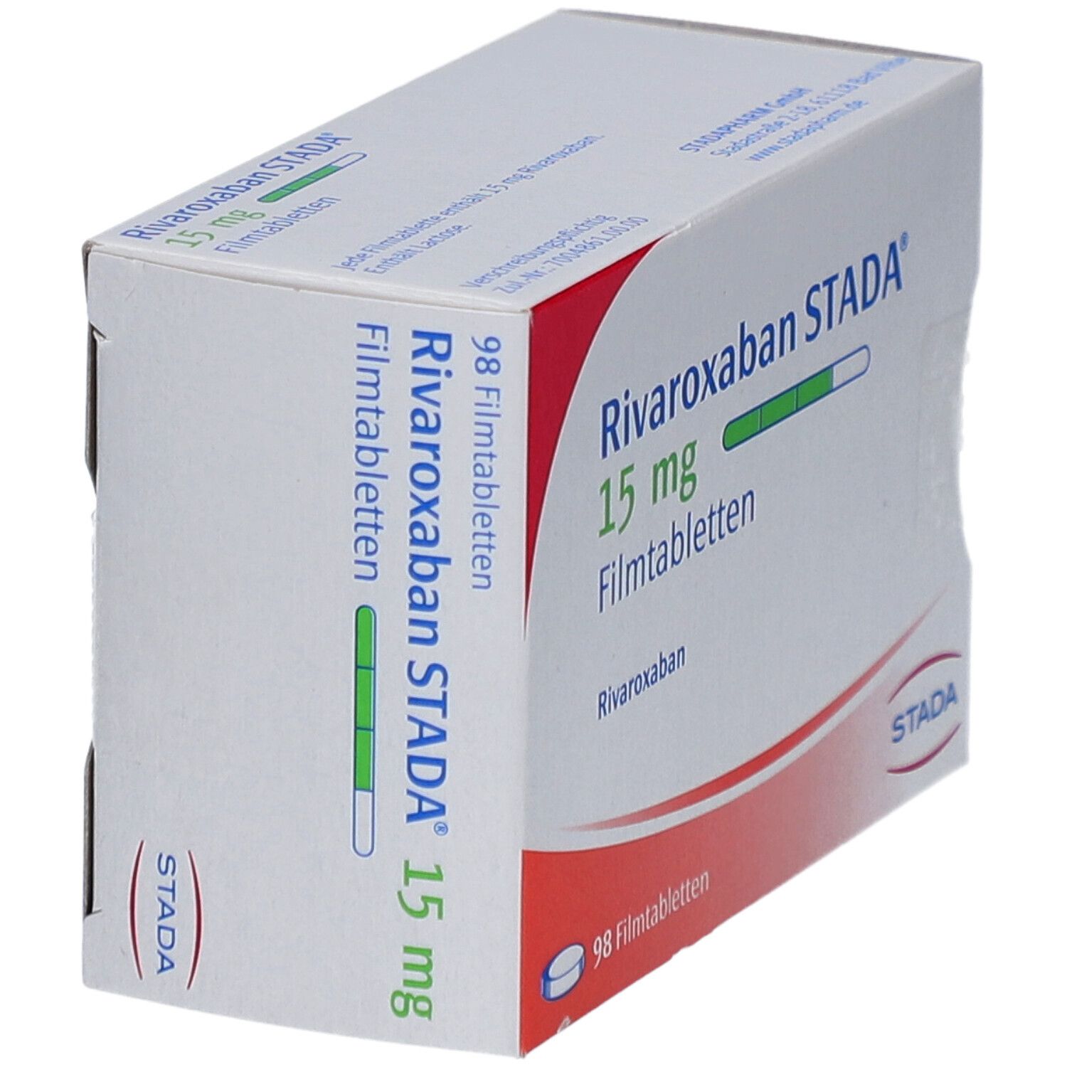 Schachtel mit RIVAROXABAN STADA 15 mg Filmtabletten. Aufschrift: 98 Filmtabletten. STADA Logo.