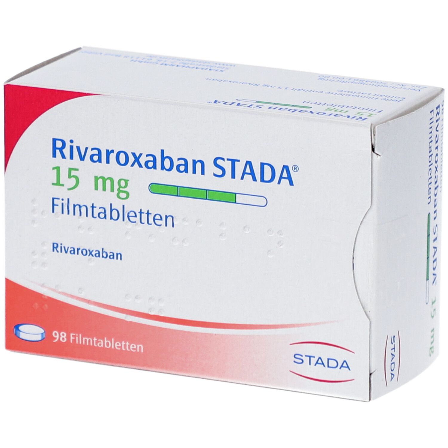 Schachtel mit RIVAROXABAN STADA 15 mg Filmtabletten. Aufschrift: 98 Filmtabletten. STADA Logo.