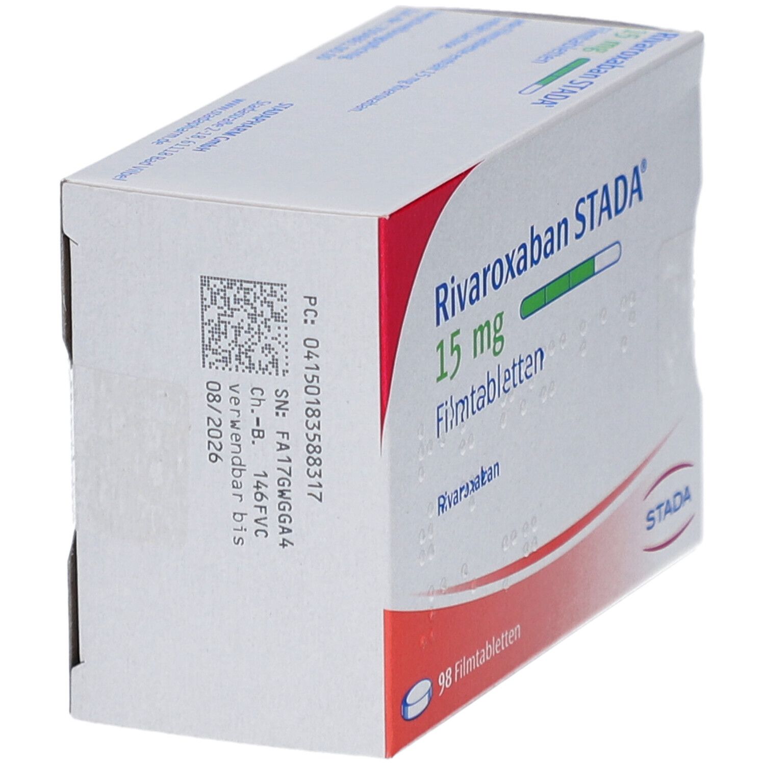 Schachtel mit RIVAROXABAN STADA 15 mg Filmtabletten. Aufschrift: 98 Filmtabletten. STADA Logo.
