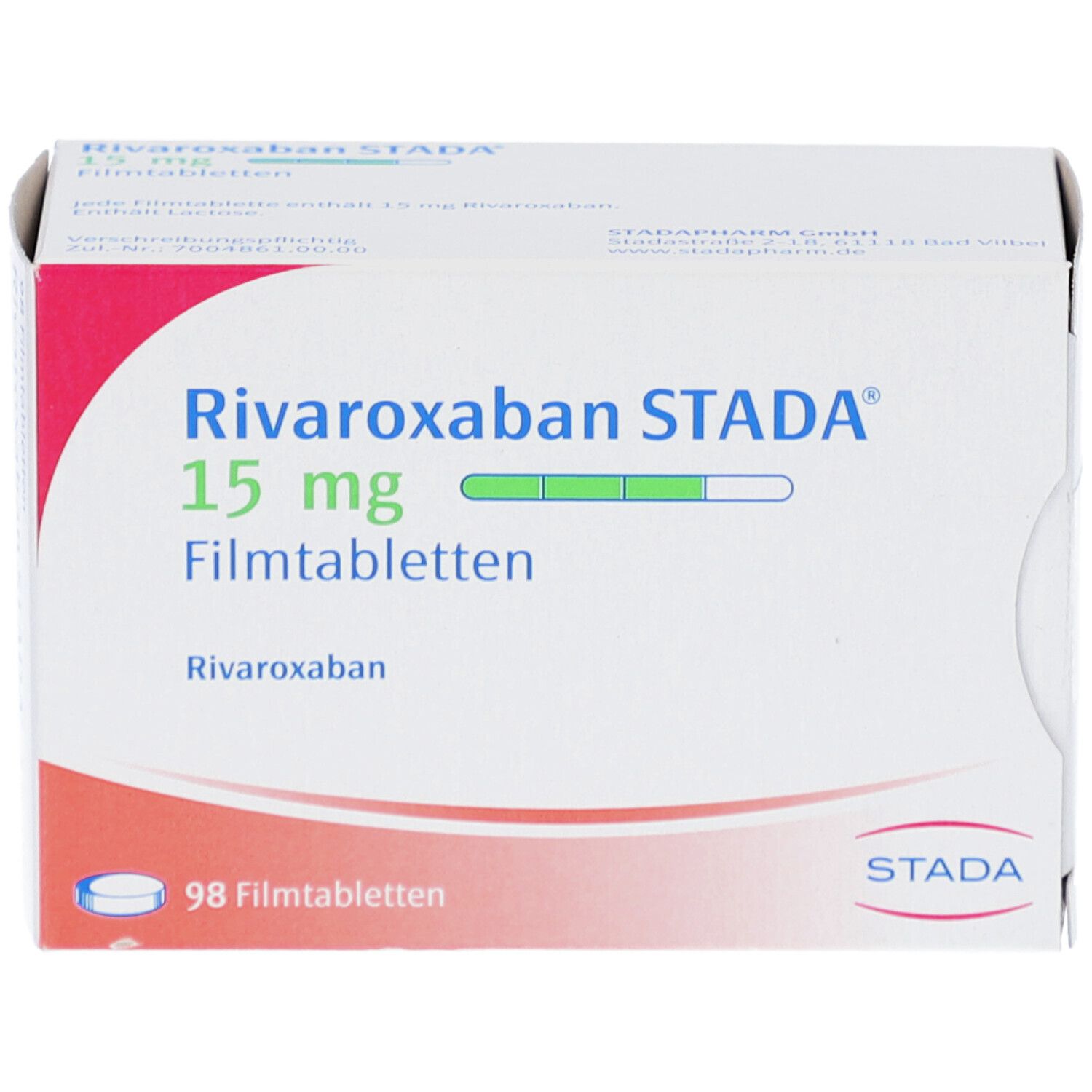 Schachtel mit RIVAROXABAN STADA 15 mg Filmtabletten. Aufschrift: 98 Filmtabletten. STADA Logo.
