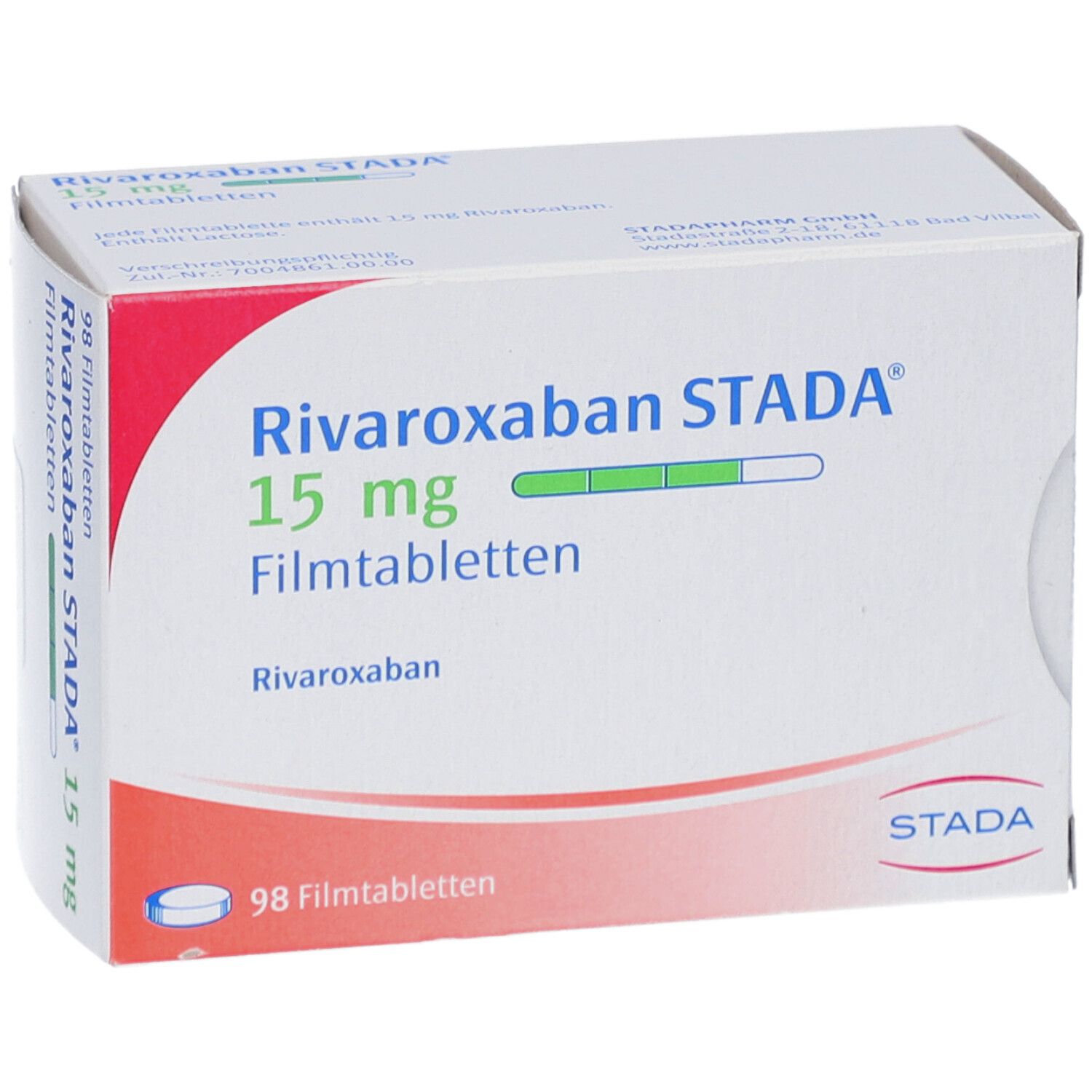 Schachtel mit RIVAROXABAN STADA 15 mg Filmtabletten. Aufschrift: 98 Filmtabletten. STADA Logo.