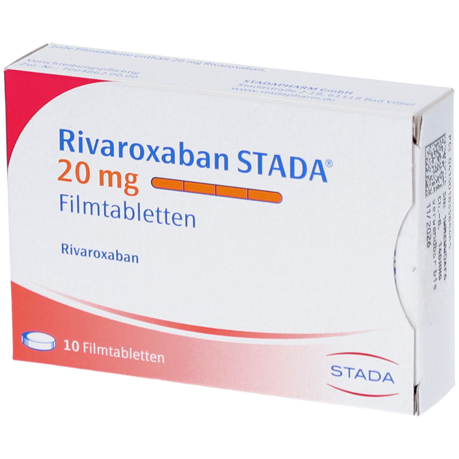 Schachtel mit Rivaroxaban STADA 20 mg Filmtabletten. 10 Tabletten. STADA-Logo.