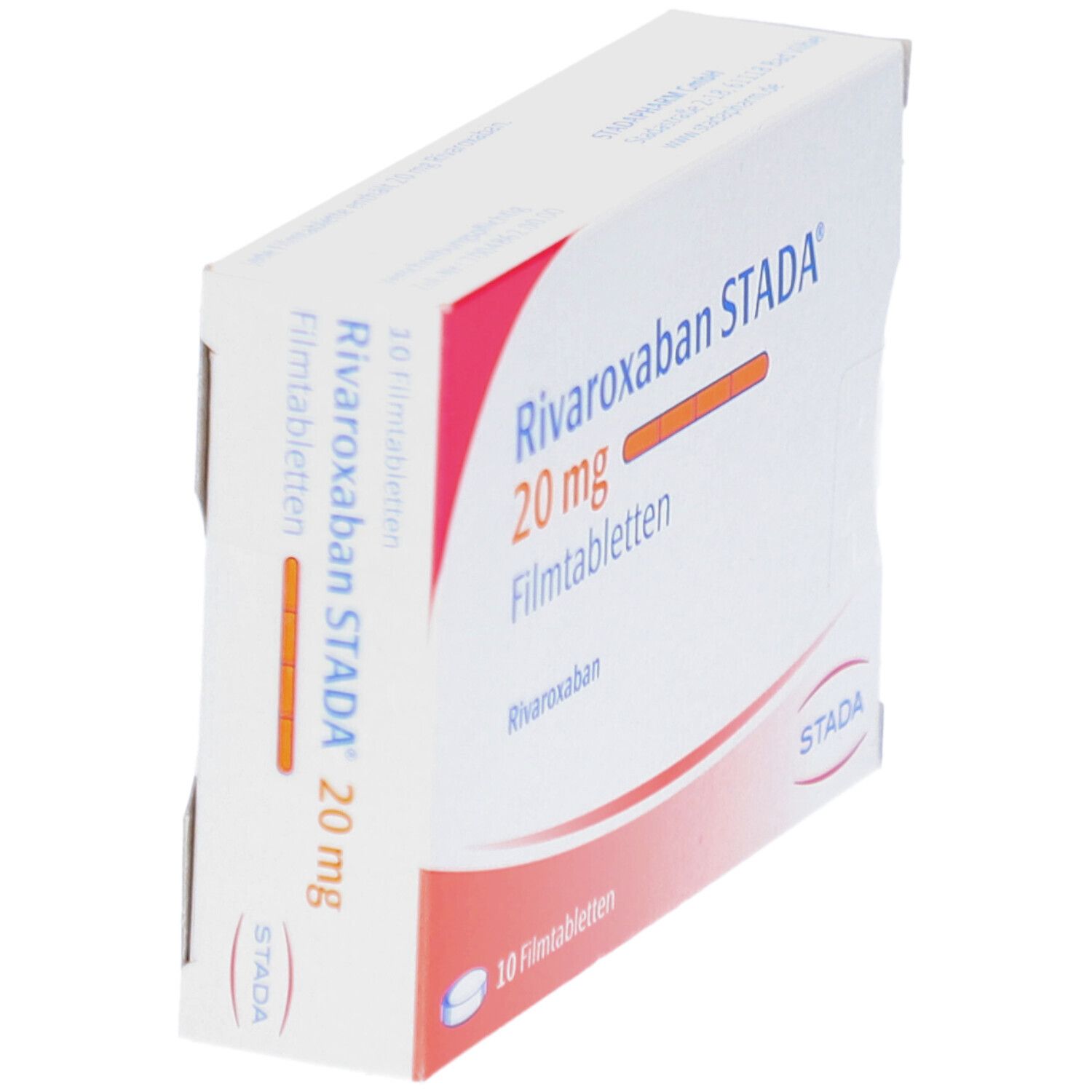Schachtel Rivaroxaban STADA 20 mg Filmtabletten. 10 Tabletten. STADA-Logo. Schrägansicht.