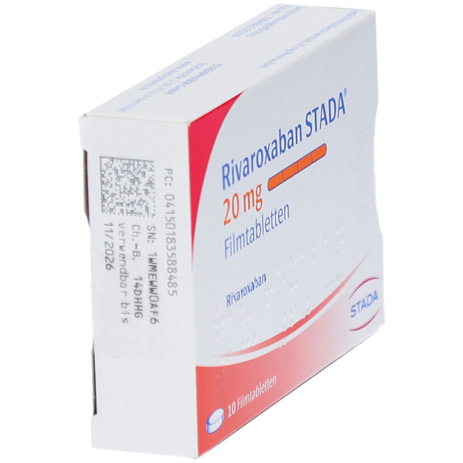 Schachtel Rivaroxaban STADA 20 mg Filmtabletten. 10 Tabletten. STADA-Logo. Detailansicht.