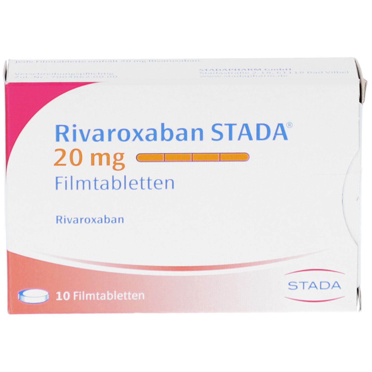 Schachtel mit Rivaroxaban STADA 20 mg Filmtabletten. 10 Tabletten. STADA-Logo.