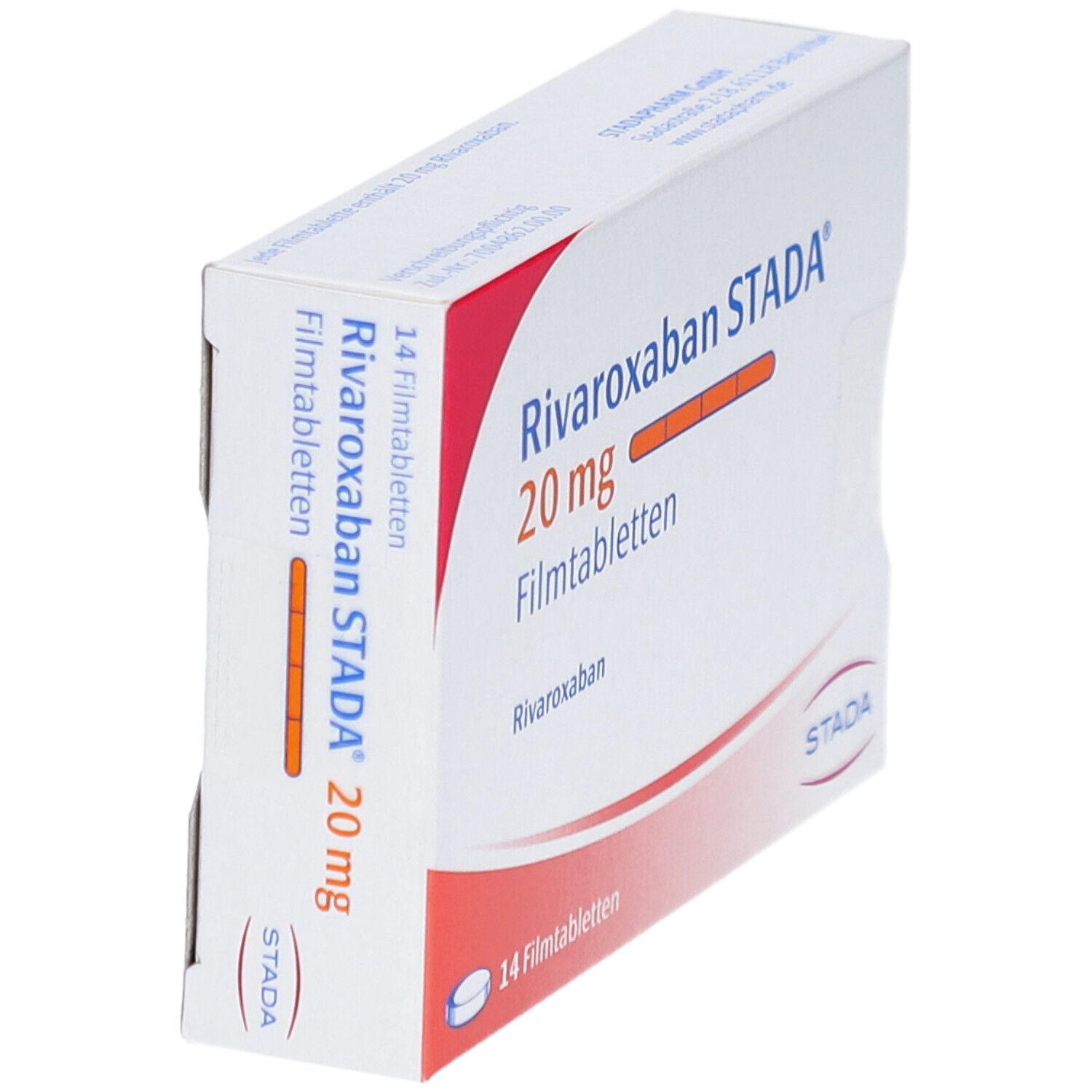 Schachtel Rivaroxaban STADA 20 mg Filmtabletten. Aufdruck: 14 Filmtabletten. STADA Logo. Ansicht schräg.
