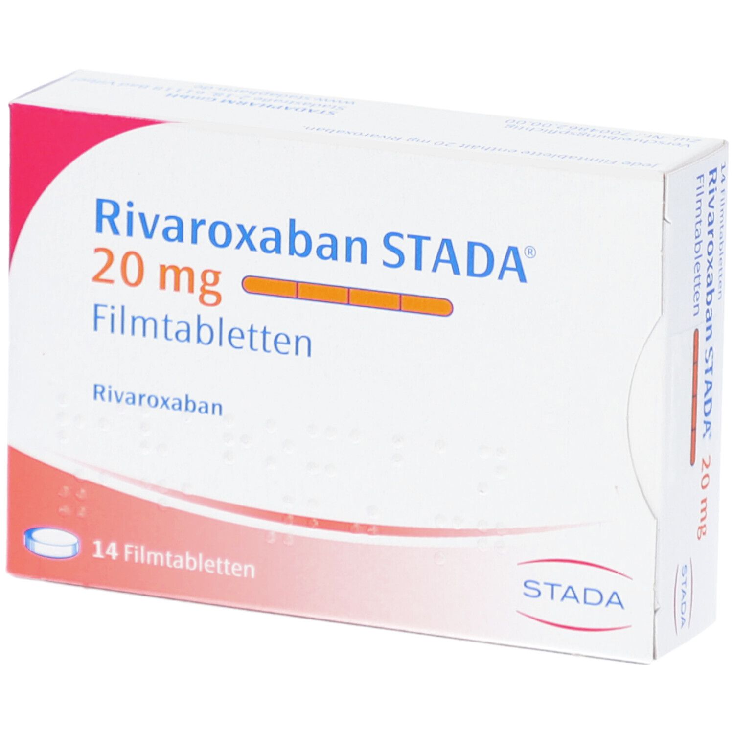 Schachtel Rivaroxaban STADA 20 mg Filmtabletten. Aufdruck: 14 Filmtabletten. STADA Logo. Nahaufnahme.