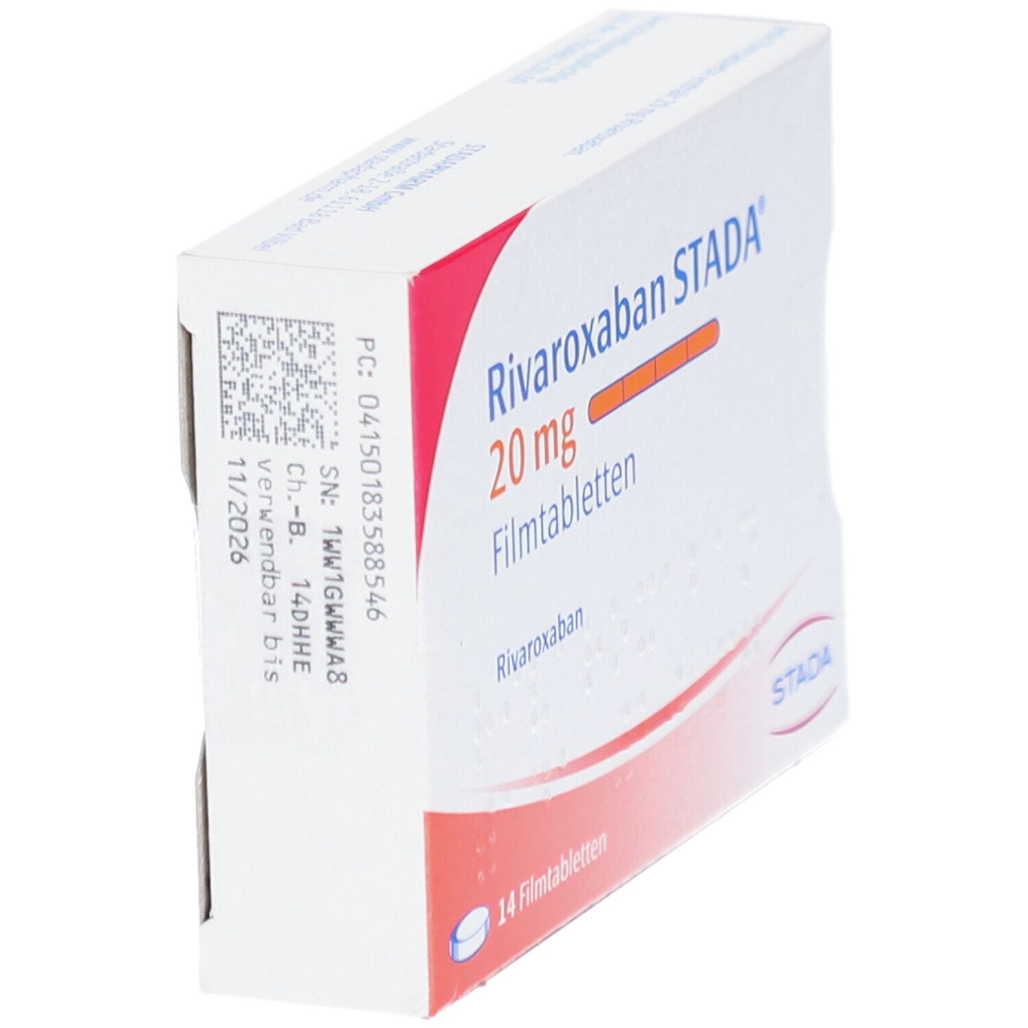 Schachtel Rivaroxaban STADA 20 mg Filmtabletten. Aufdruck: 14 Filmtabletten. STADA Logo. Detailansicht.