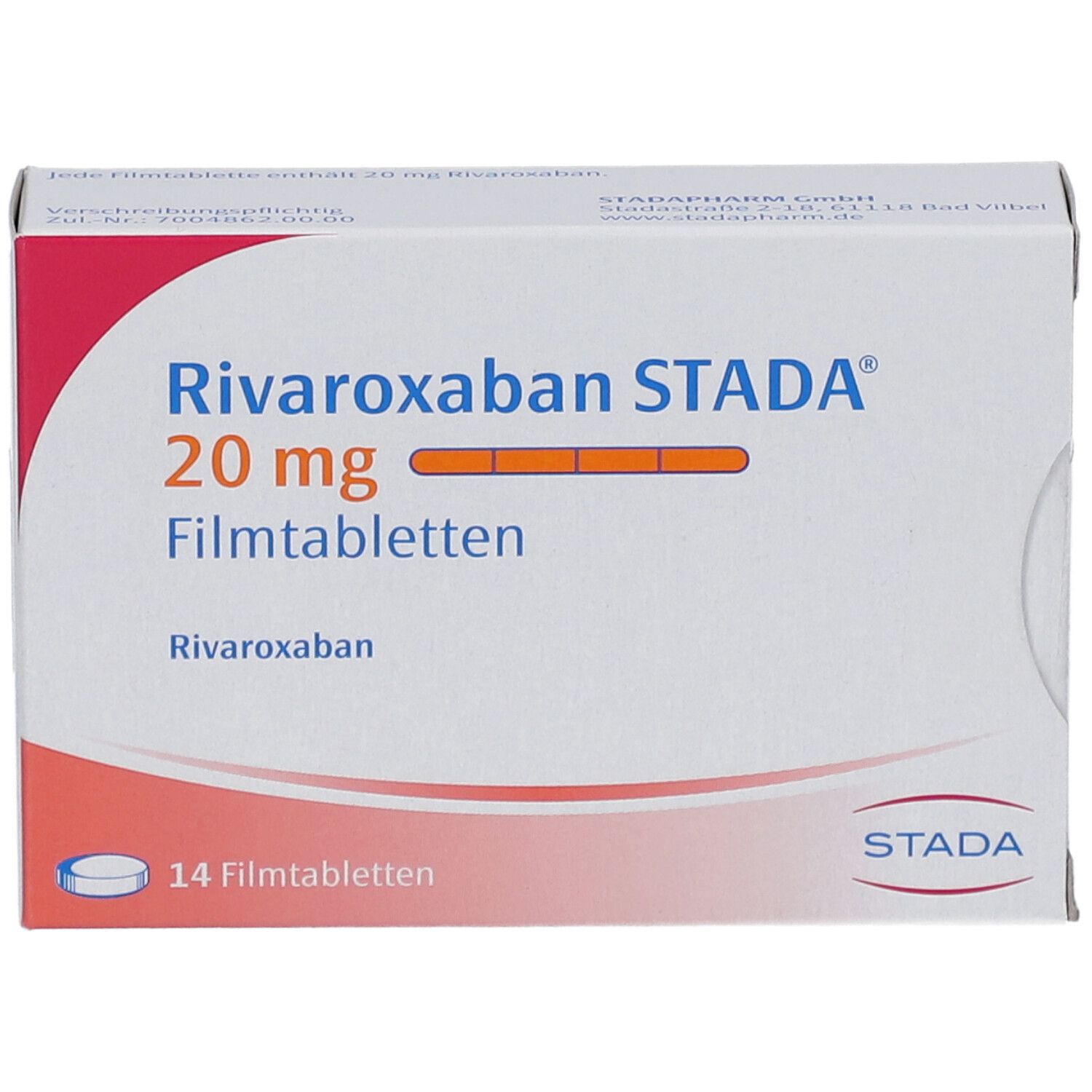 Schachtel Rivaroxaban STADA 20 mg Filmtabletten. Aufdruck: 14 Filmtabletten. STADA Logo. Draufsicht.