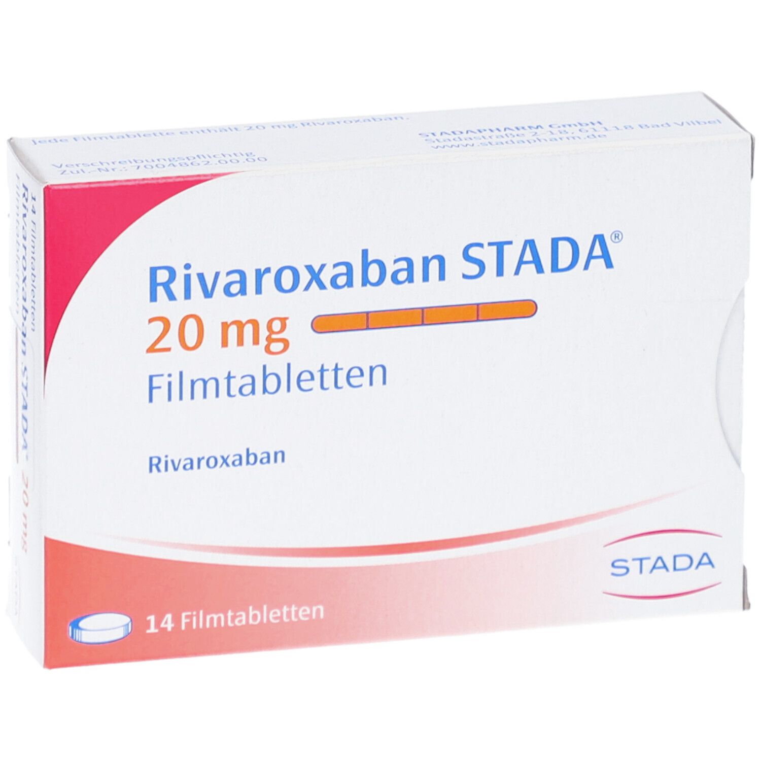 Schachtel Rivaroxaban STADA 20 mg Filmtabletten. Aufdruck: 14 Filmtabletten. STADA Logo. Nahaufnahme.