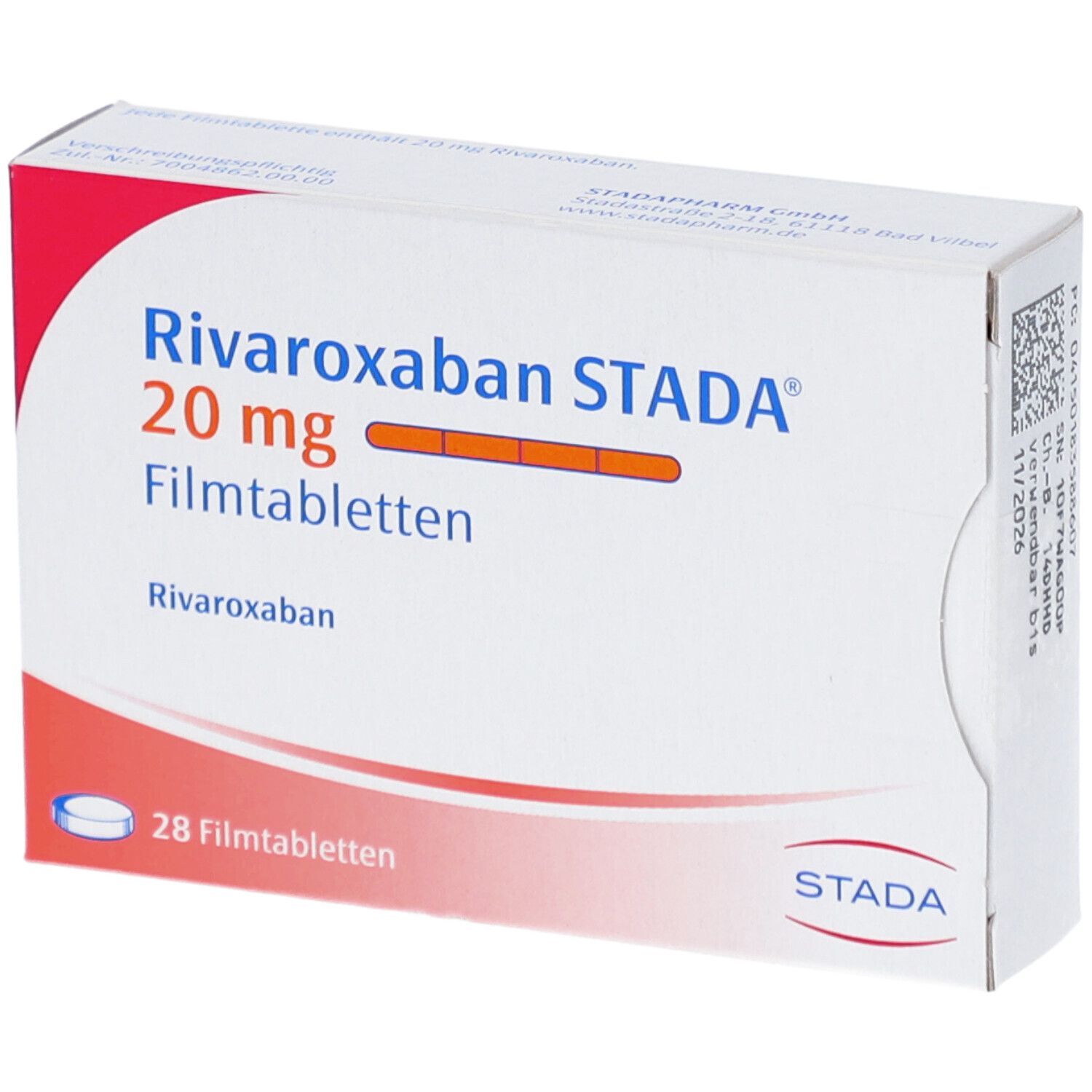 Schachtel mit Rivaroxaban STADA 20 mg Filmtabletten. Aufschrift: 28 Filmtabletten. STADA-Logo.