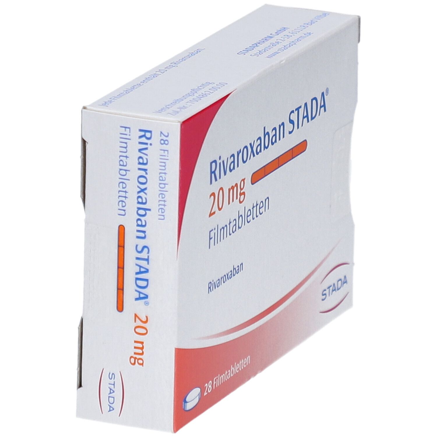 Schachtel mit Rivaroxaban STADA 20 mg Filmtabletten, schräg. Aufschrift: 28 Filmtabletten. STADA-Logo.
