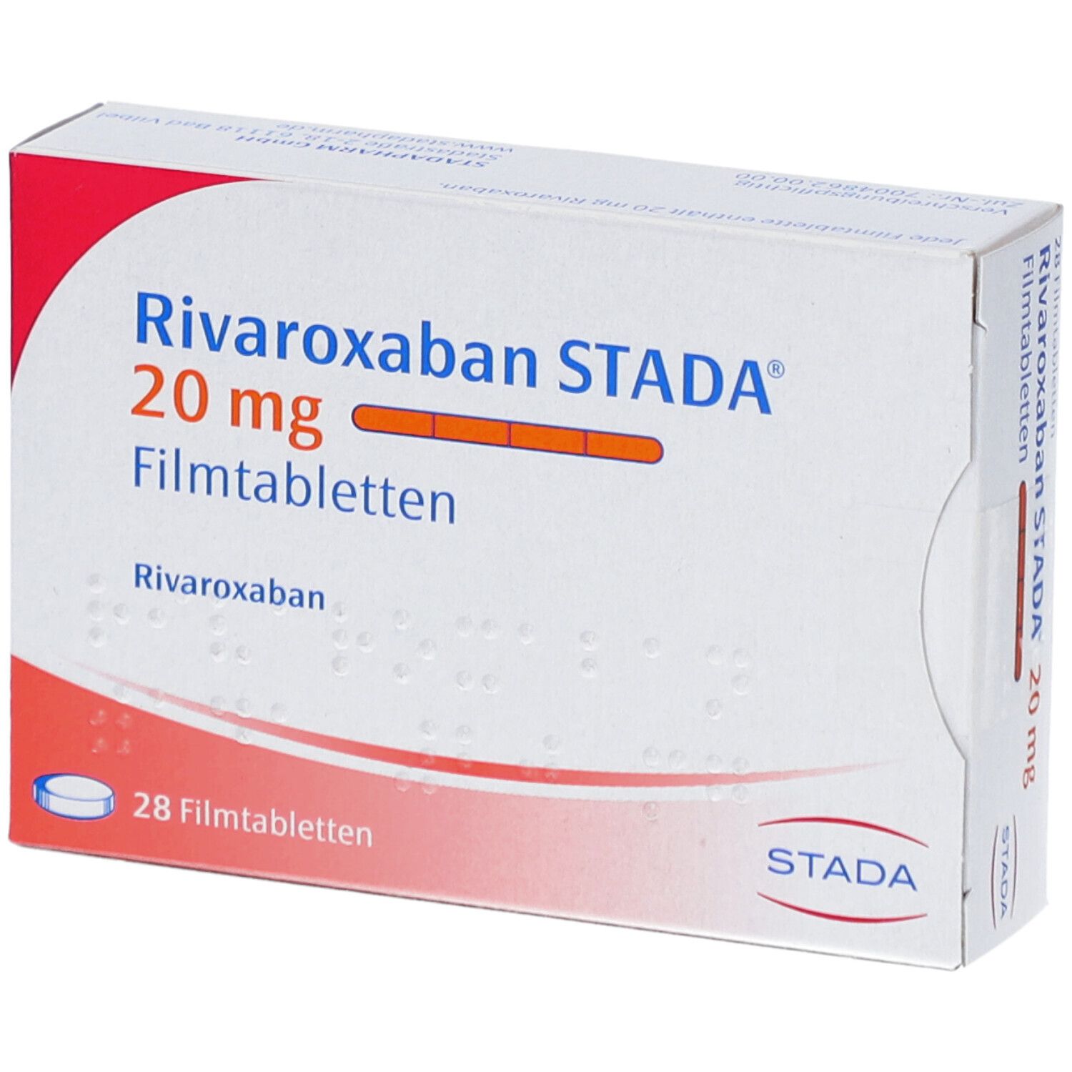 Schachtel mit Rivaroxaban STADA 20 mg Filmtabletten. Aufschrift: 28 Filmtabletten. STADA-Logo.