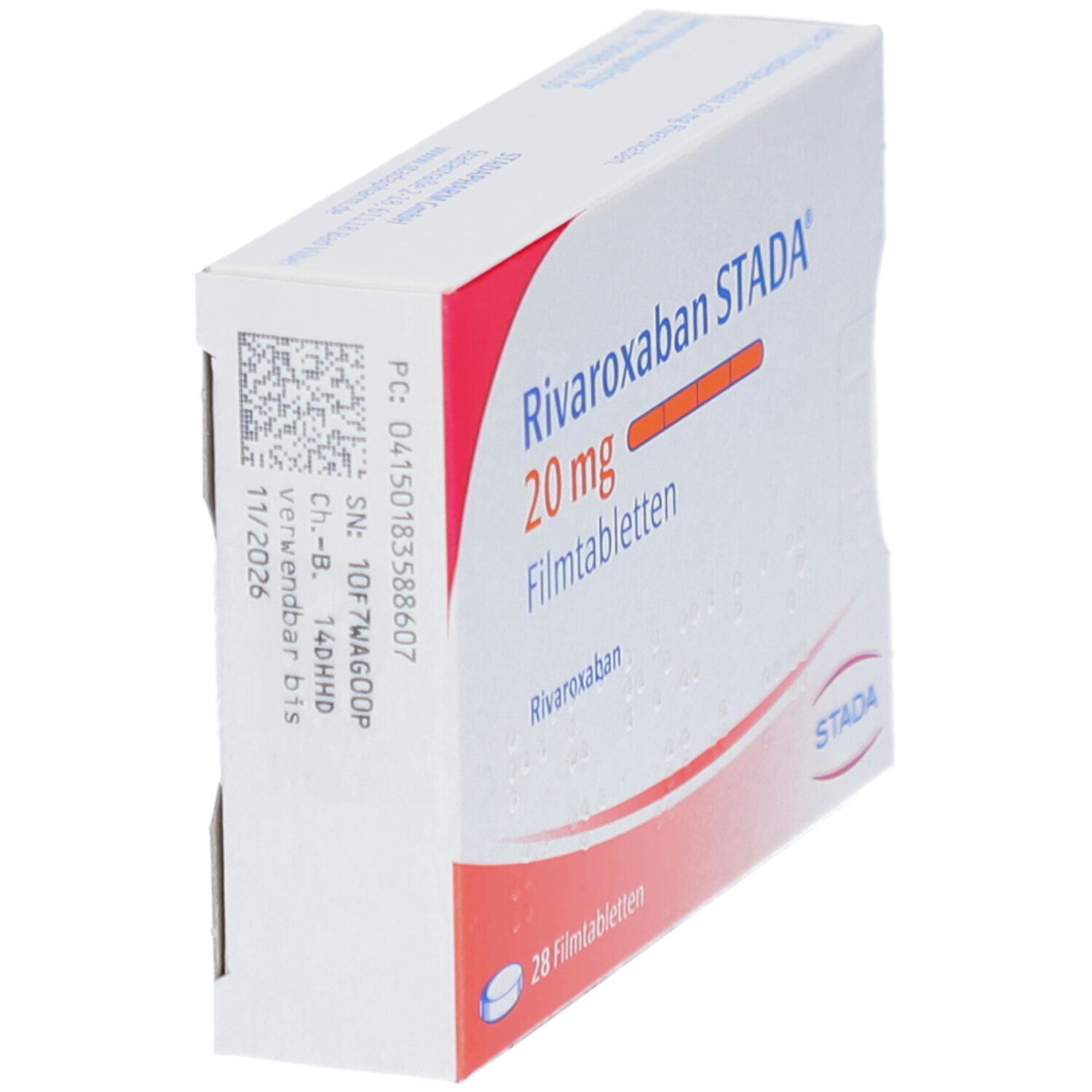 Schachtel mit Rivaroxaban STADA 20 mg Filmtabletten, schräg. Aufschrift: 28 Filmtabletten. STADA-Logo.