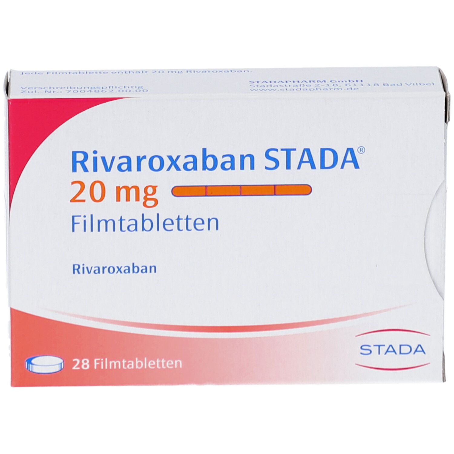 Schachtel mit Rivaroxaban STADA 20 mg Filmtabletten. Aufschrift: 28 Filmtabletten. STADA-Logo.