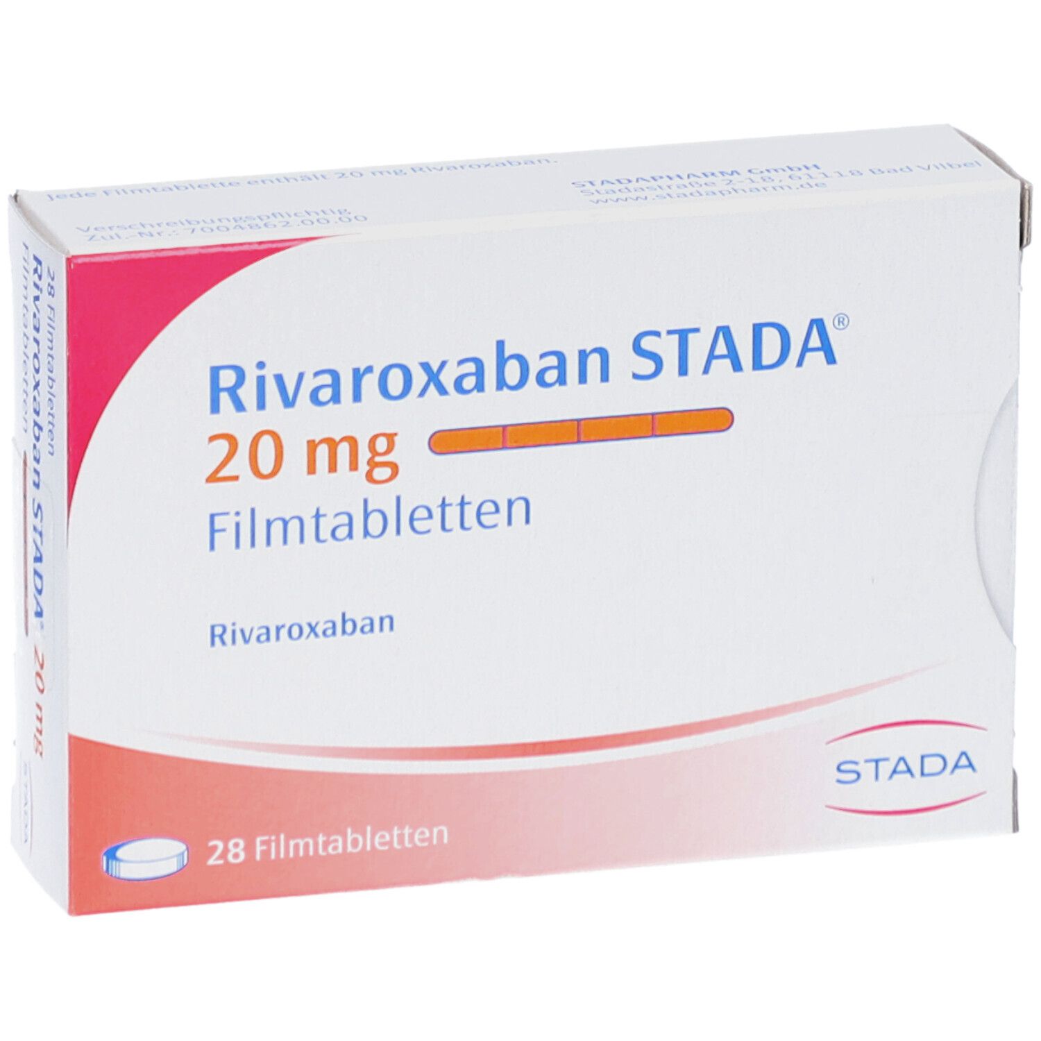 Schachtel mit Rivaroxaban STADA 20 mg Filmtabletten. Aufschrift: 28 Filmtabletten. STADA-Logo.