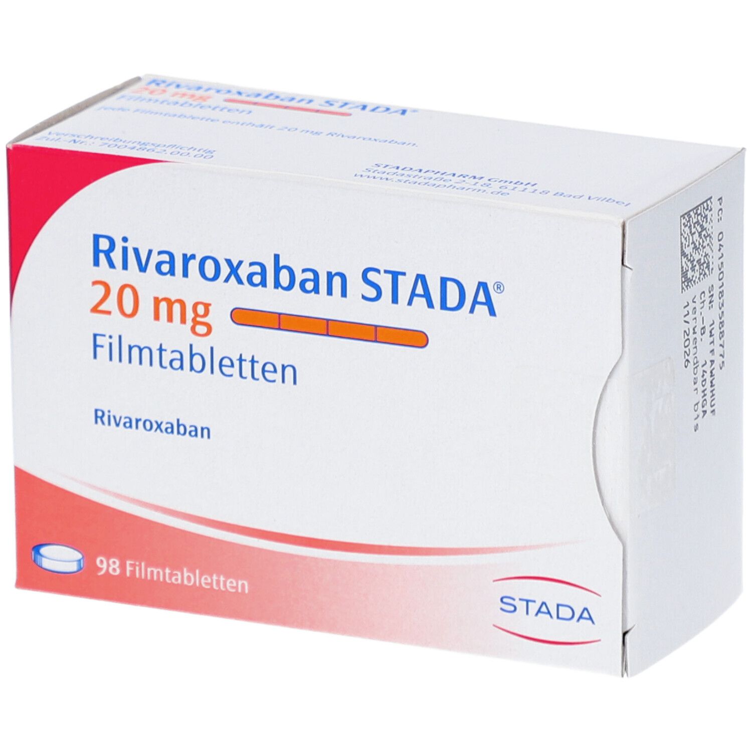 Schachtel mit RIVAROXABAN STADA 20 mg Filmtabletten. Aufdruck: 98 Filmtabletten. STADA-Logo.