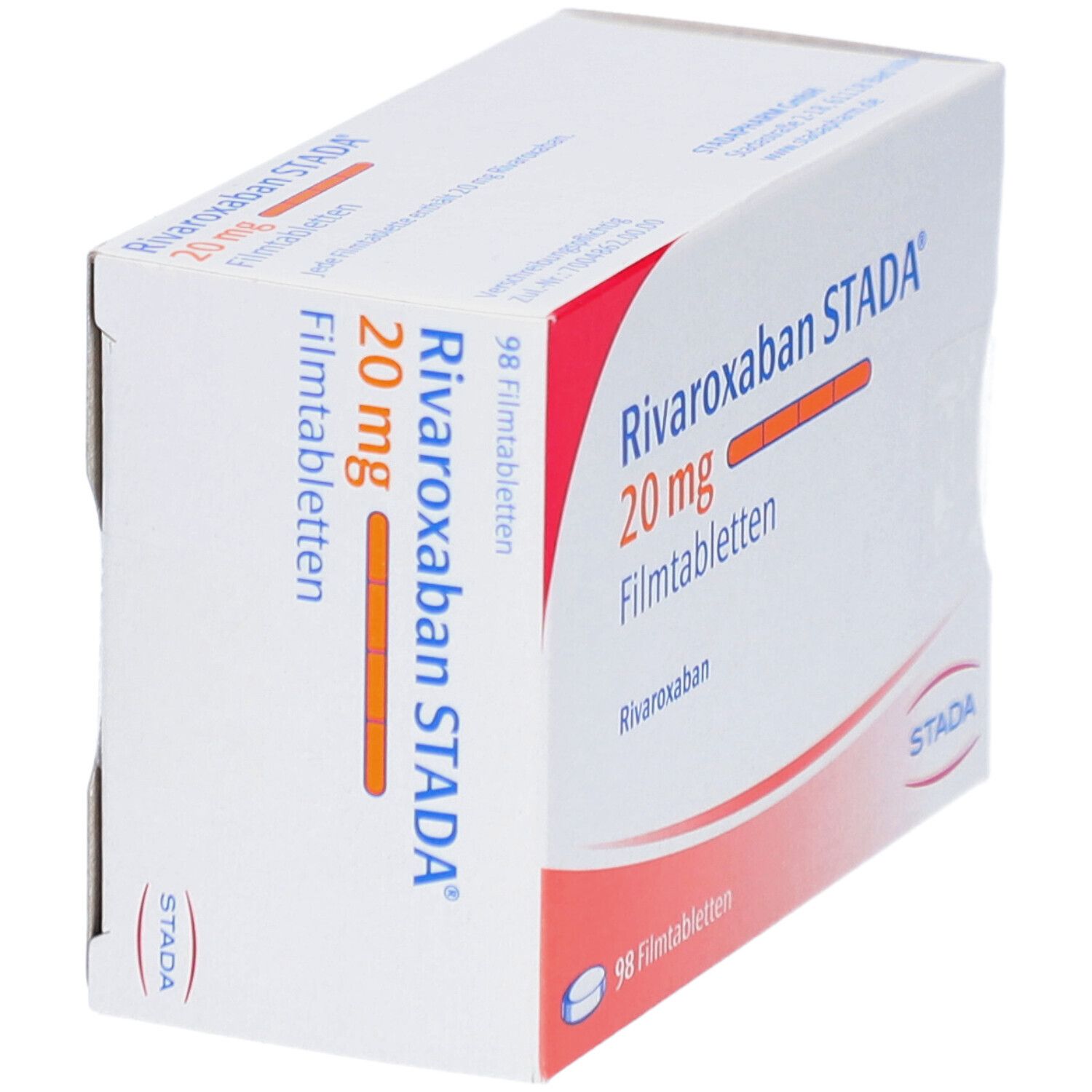 Schachtel RIVAROXABAN STADA 20 mg Filmtabletten. Aufdruck: 98 Filmtabletten. STADA-Logo. Ansicht schräg.