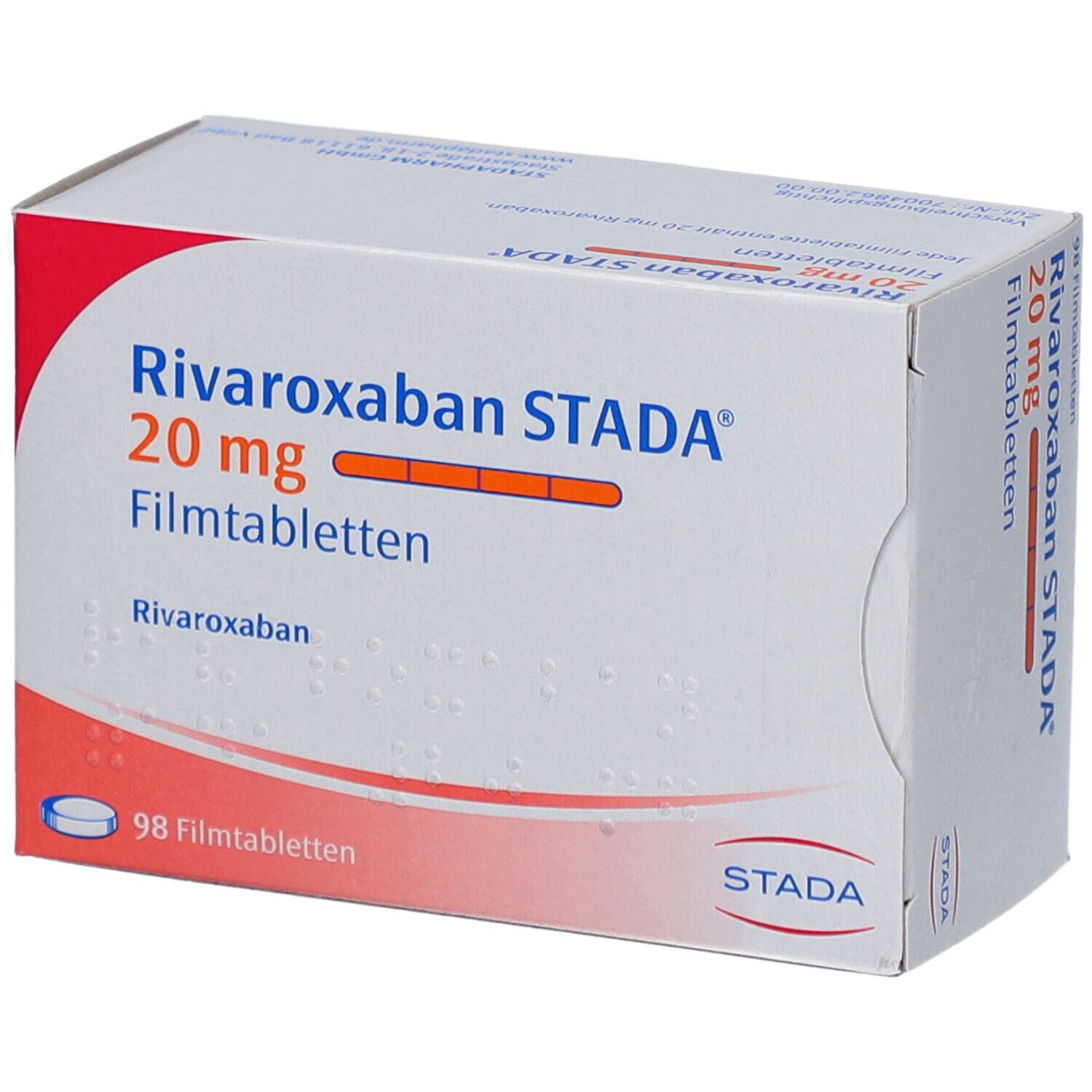 Schachtel mit RIVAROXABAN STADA 20 mg Filmtabletten. Aufdruck: 98 Filmtabletten. STADA-Logo. Draufsicht.