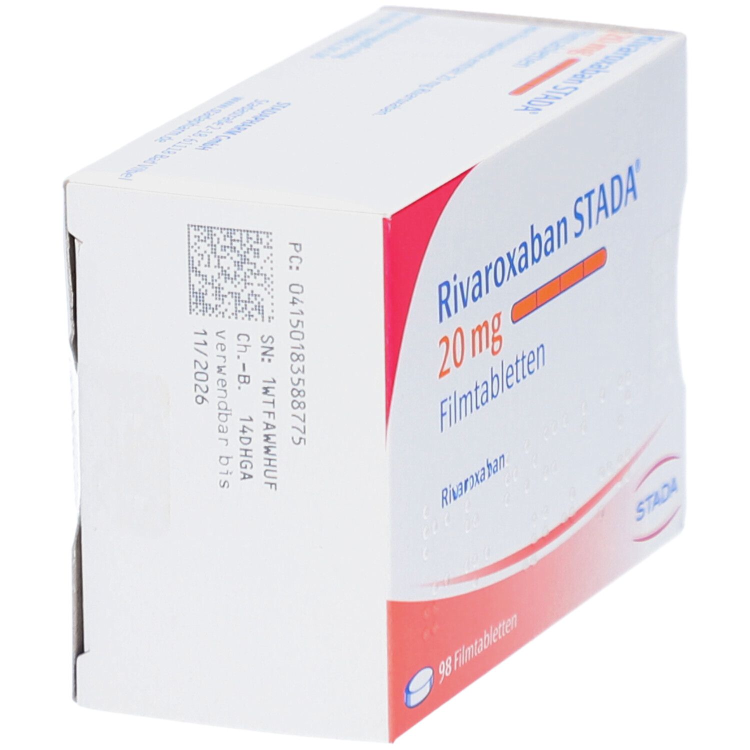 Schachtel RIVAROXABAN STADA 20 mg Filmtabletten. Aufdruck: 98 Filmtabletten. STADA-Logo. Rückseite.