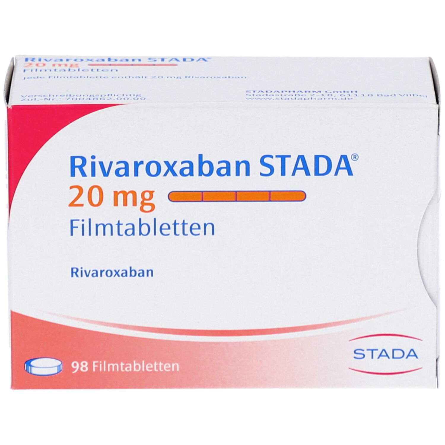 Schachtel mit RIVAROXABAN STADA 20 mg Filmtabletten. Aufdruck: 98 Filmtabletten. STADA-Logo. Frontansicht.