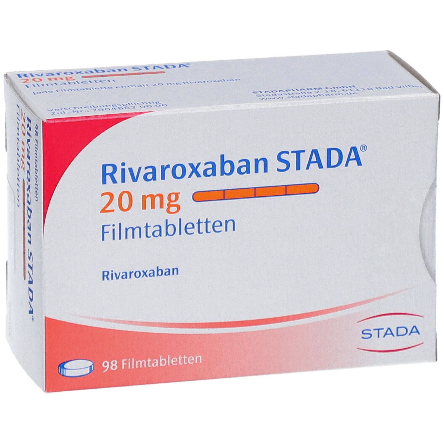 Schachtel mit RIVAROXABAN STADA 20 mg Filmtabletten. Aufdruck: 98 Filmtabletten. STADA-Logo. Schrägansicht.