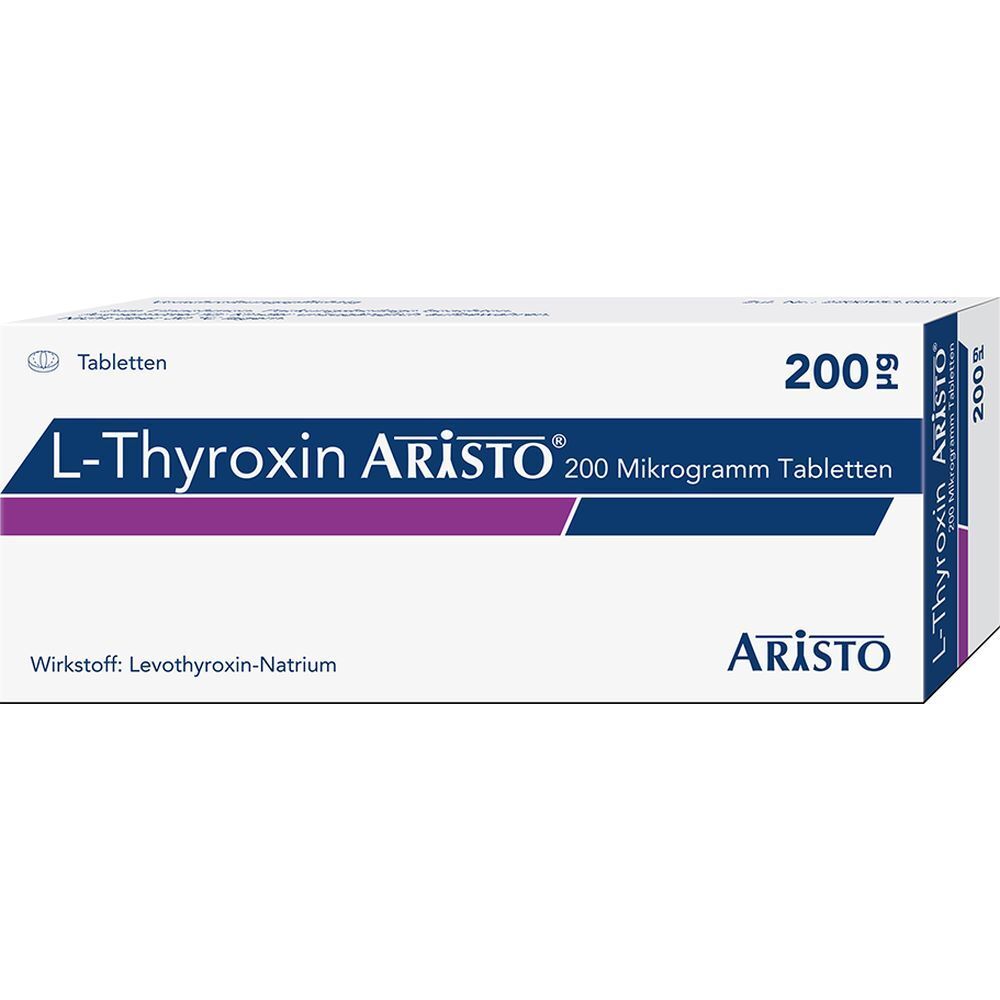 Schachtel mit L-Thyroxin Aristo Tabletten. Aufschrift: 200 Mikrogramm, Aristo. Wirkstoff: Levothyroxin-Natrium.