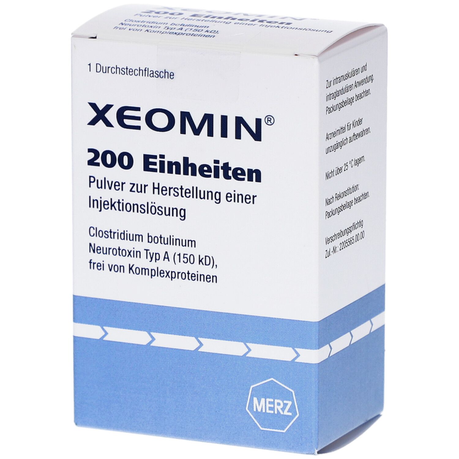Weiße Faltschachtel mit blauen Akzenten. Aufschrift: XEOMIN 200 Einheiten. Pulver zur Herstellung einer Injektionslösung. MERZ Logo.