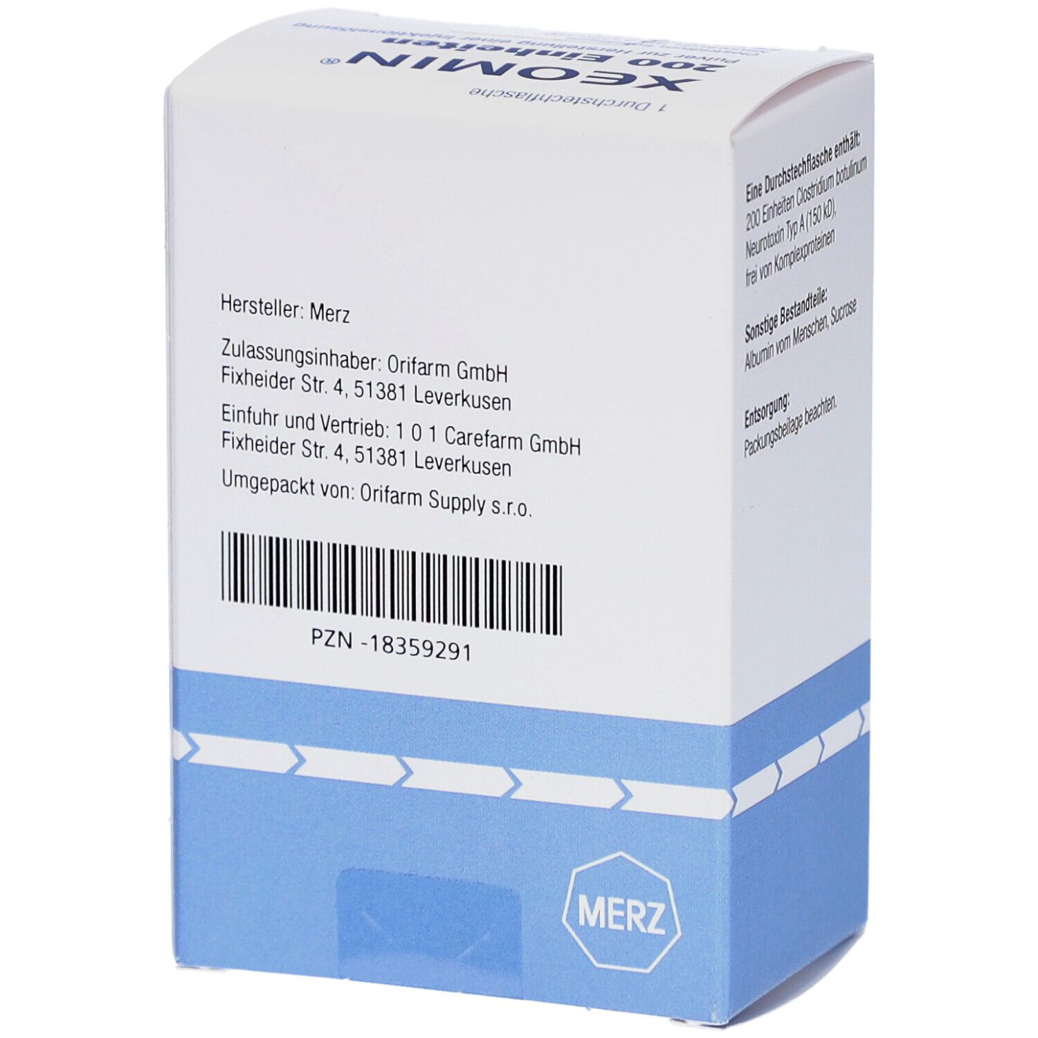 Rückseite der weißen Faltschachtel. Hersteller- und Vertriebsinformationen. Barcode und PZN-Nummer. MERZ Logo.
