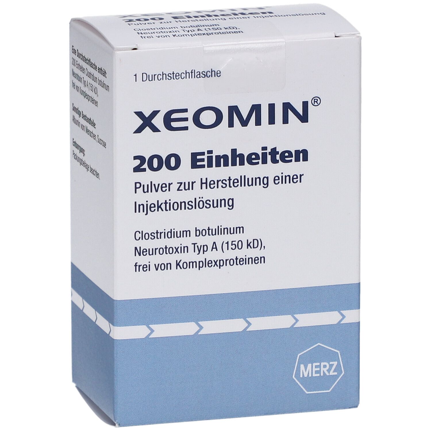 Weiße Faltschachtel mit blauen Akzenten. Aufschrift: XEOMIN 200 Einheiten. Pulver zur Herstellung einer Injektionslösung. MERZ Logo.