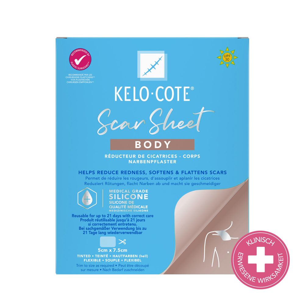 Kelo-Cote Scar Sheet Body. Narbenpflaster. Reduziert Rötungen, macht Narben weicher. 5cm x 7,5cm. Klinisch erwiesen.