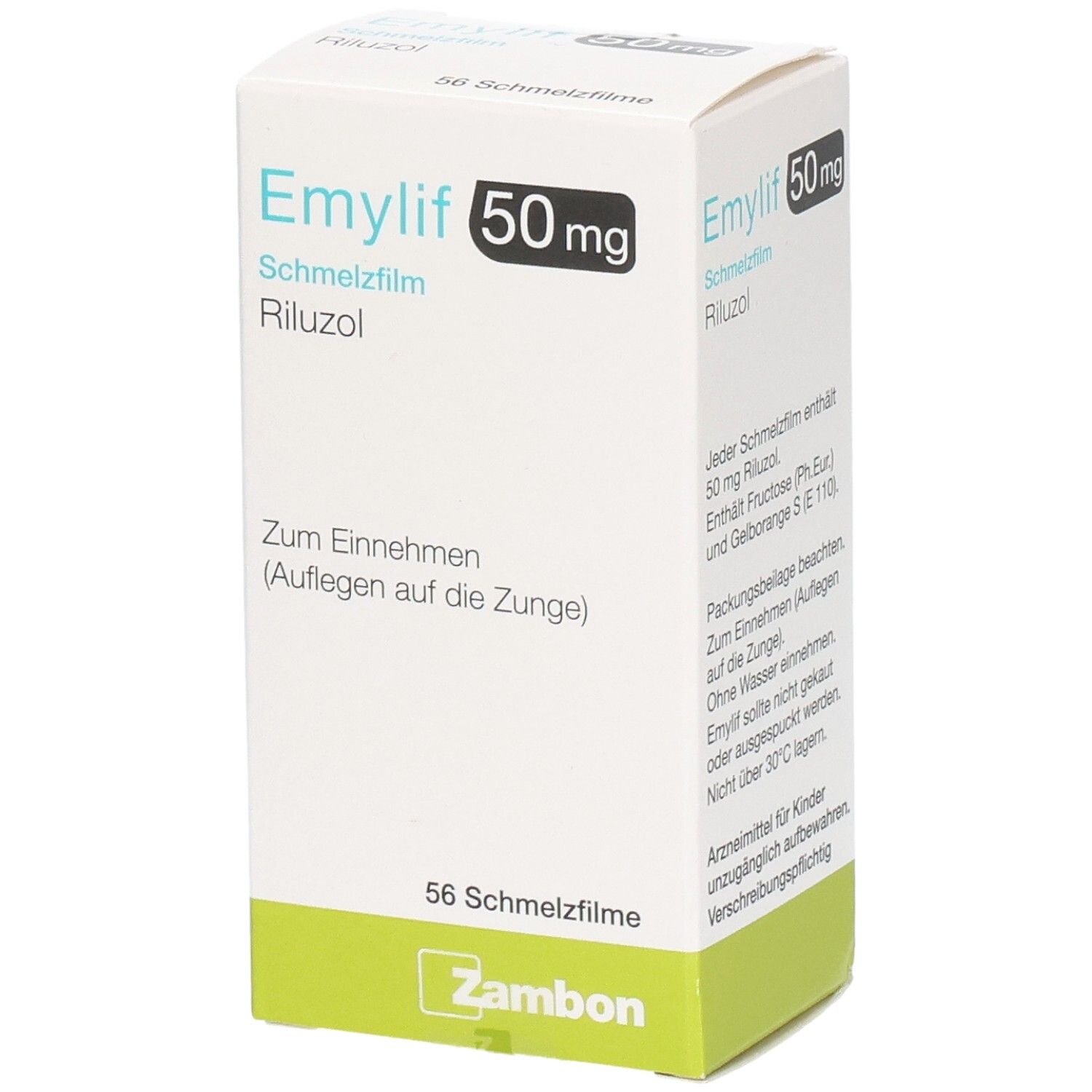 Schachtel mit EMYLIF 50 mg Schmelzfilm. Aufschrift: Riluzol, 56 Schmelzfilme. Marke Zambon. Grün-weiße Verpackung.