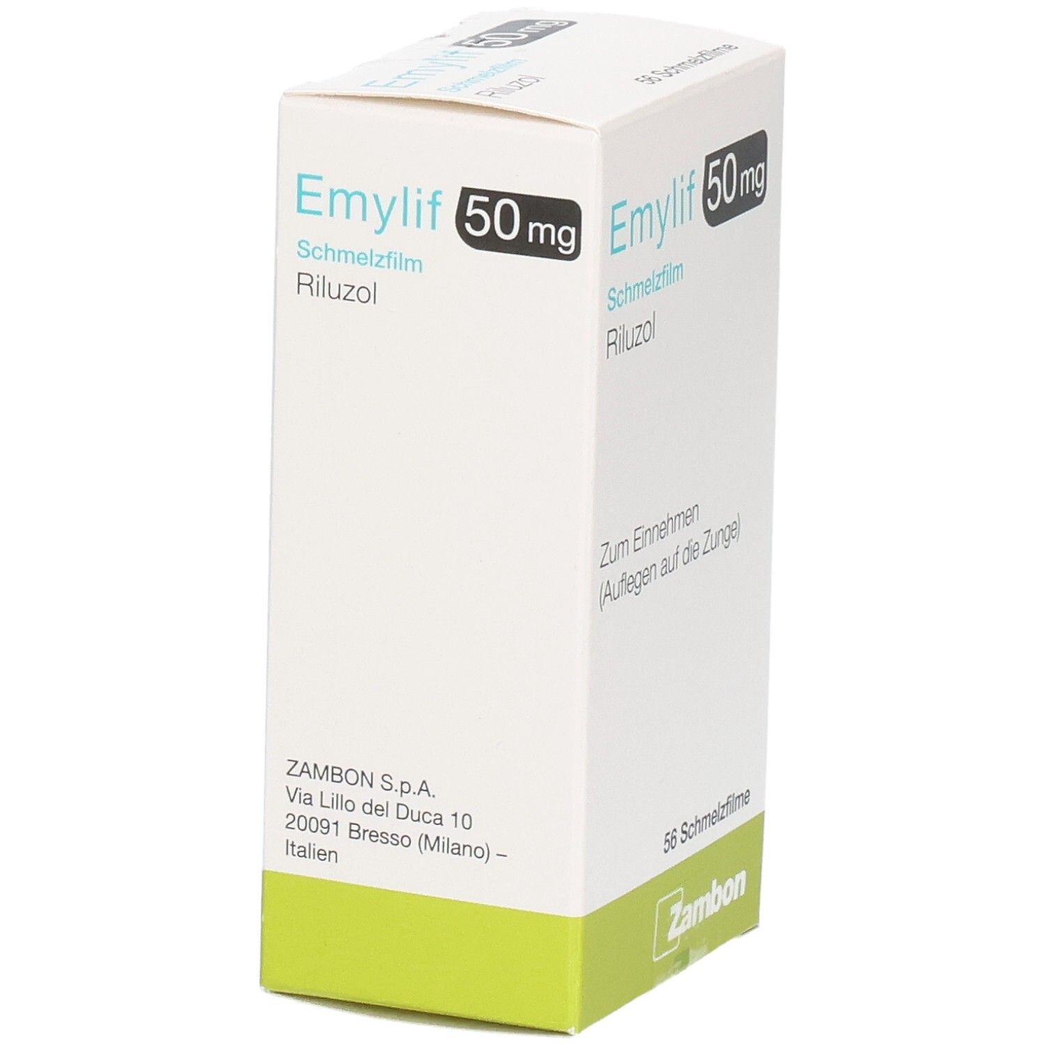 Schachtel EMYLIF 50 mg Schmelzfilm. Aufschrift: Riluzol, 56 Schmelzfilme. Marke Zambon. Verpackung mit Adresse.