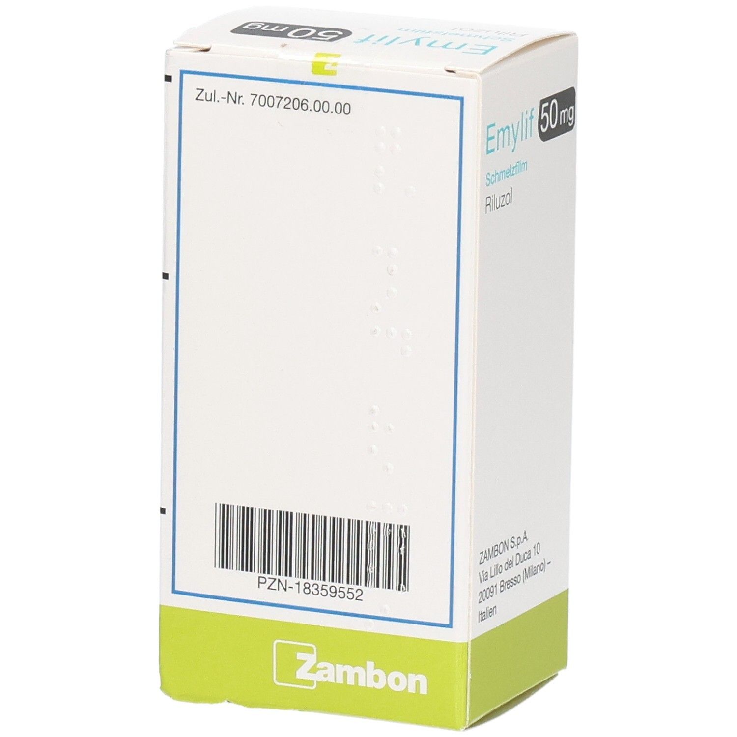 Verpackung EMYLIF 50 mg Schmelzfilm. Aufschrift: Riluzol, 56 Schmelzfilme. Barcode und Marke Zambon. Blaue und grüne Details.
