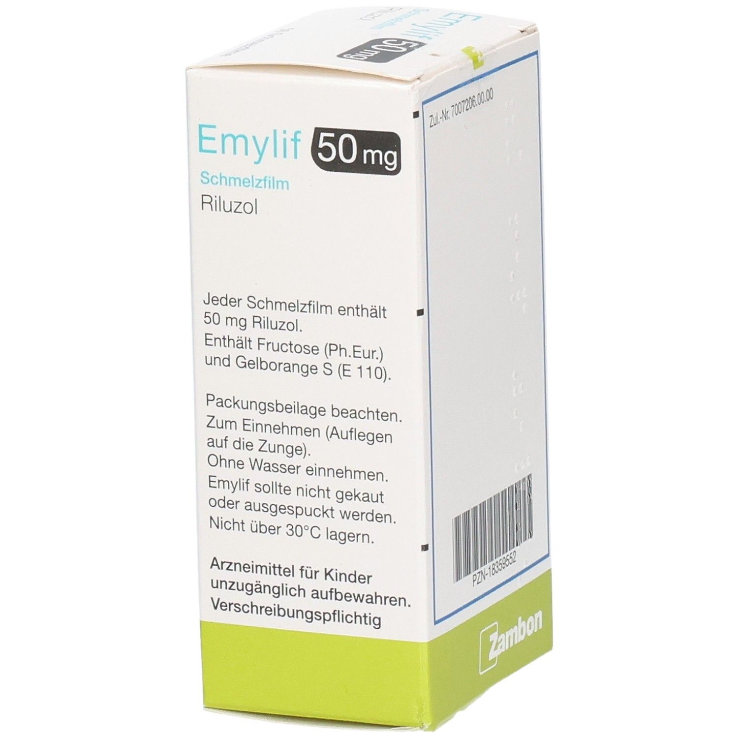 Schachtel EMYLIF 50 mg Schmelzfilm. Aufschrift: Riluzol, 56 Schmelzfilme. Marke Zambon. Text auf der Verpackung.